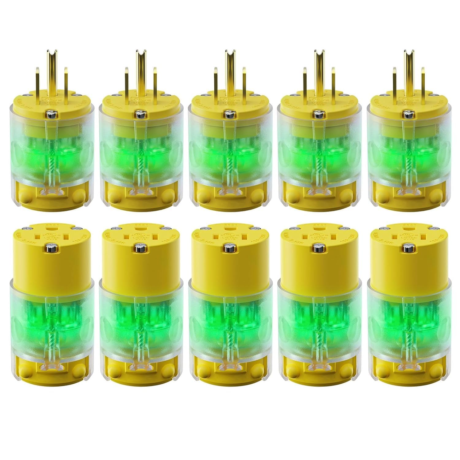 5 Set Lighted Extension Cord Ends, 15A 125V Extension Cord Replacement Ends 3 Prong, NEMA 5-15P & 5-15R , Lighted Plug and Connector Set for RV, Welding Equipment, UL Listed, Yellow