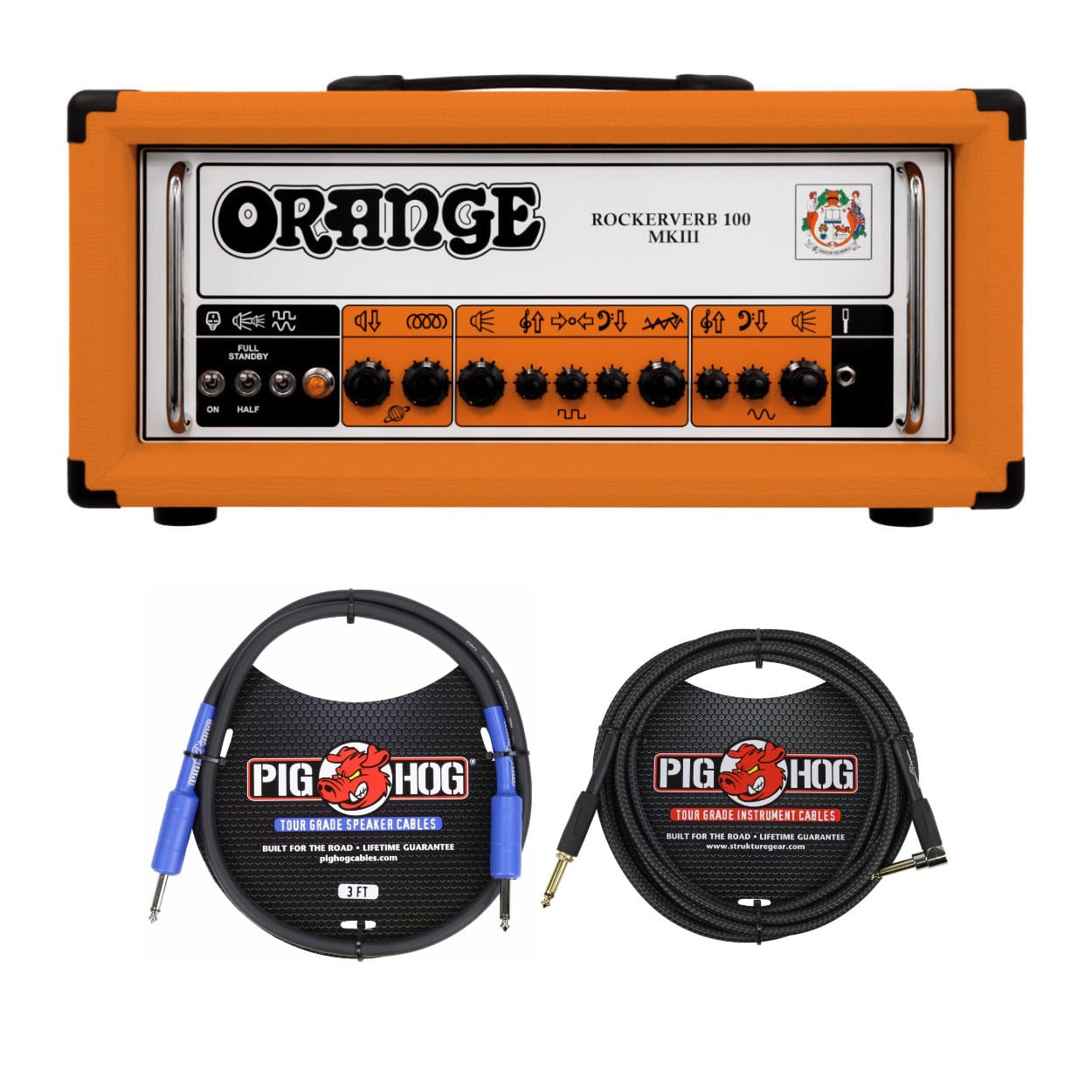 Orange Amps Rockerverb MKIII 100 Tube Guitar Amp Head (Orange) Bundle with Speaker Cable (3-Feet, 14 Gauge Wire), and Right Angle Instrument Cable (10-Feet) (3 Items)