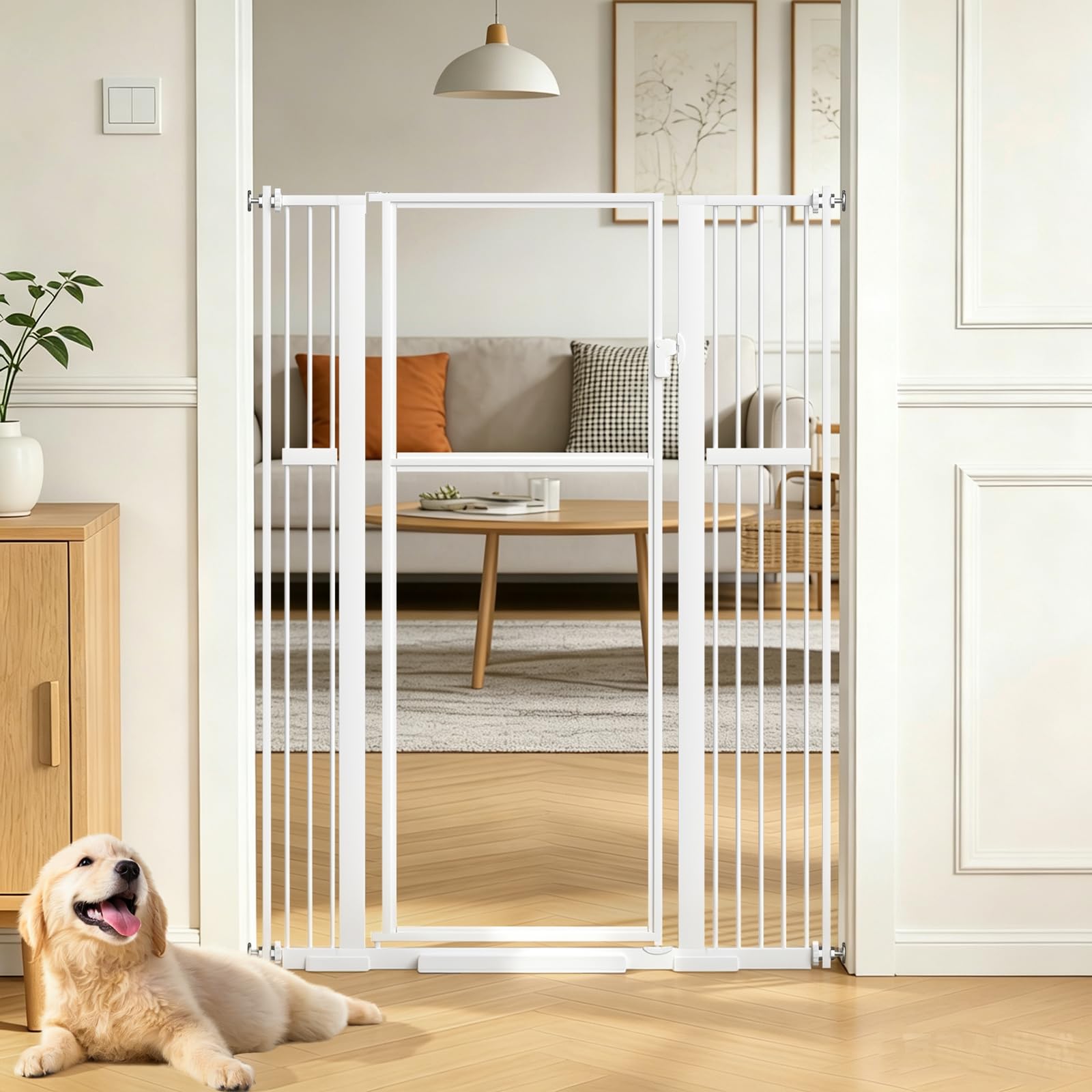 Xifamniy 142 cm Extra Tall Pet Gate Auto-Close Clear Tall Cat Gate 76-116 cm Wide Pressure Mounted Pet Gate for Stair Doorway Hallway White