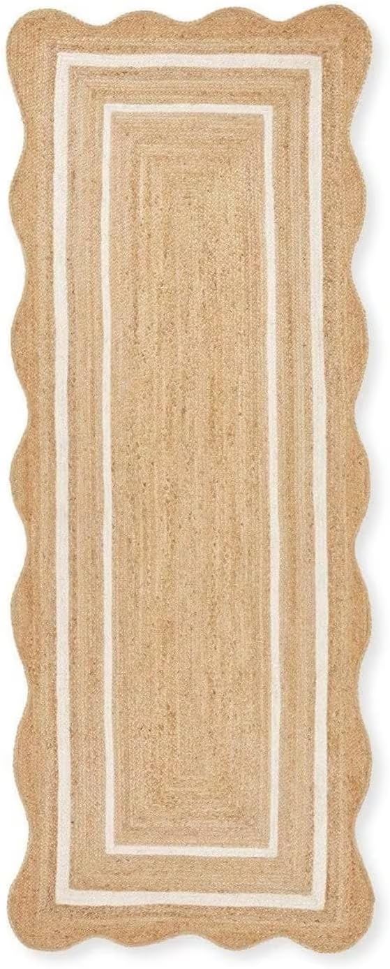 Sanwariya Natural Jute Scalloped Bohemian Decor Handwoven Custom Decorative Rug (Bd1) (2X3 Ft-Wht)