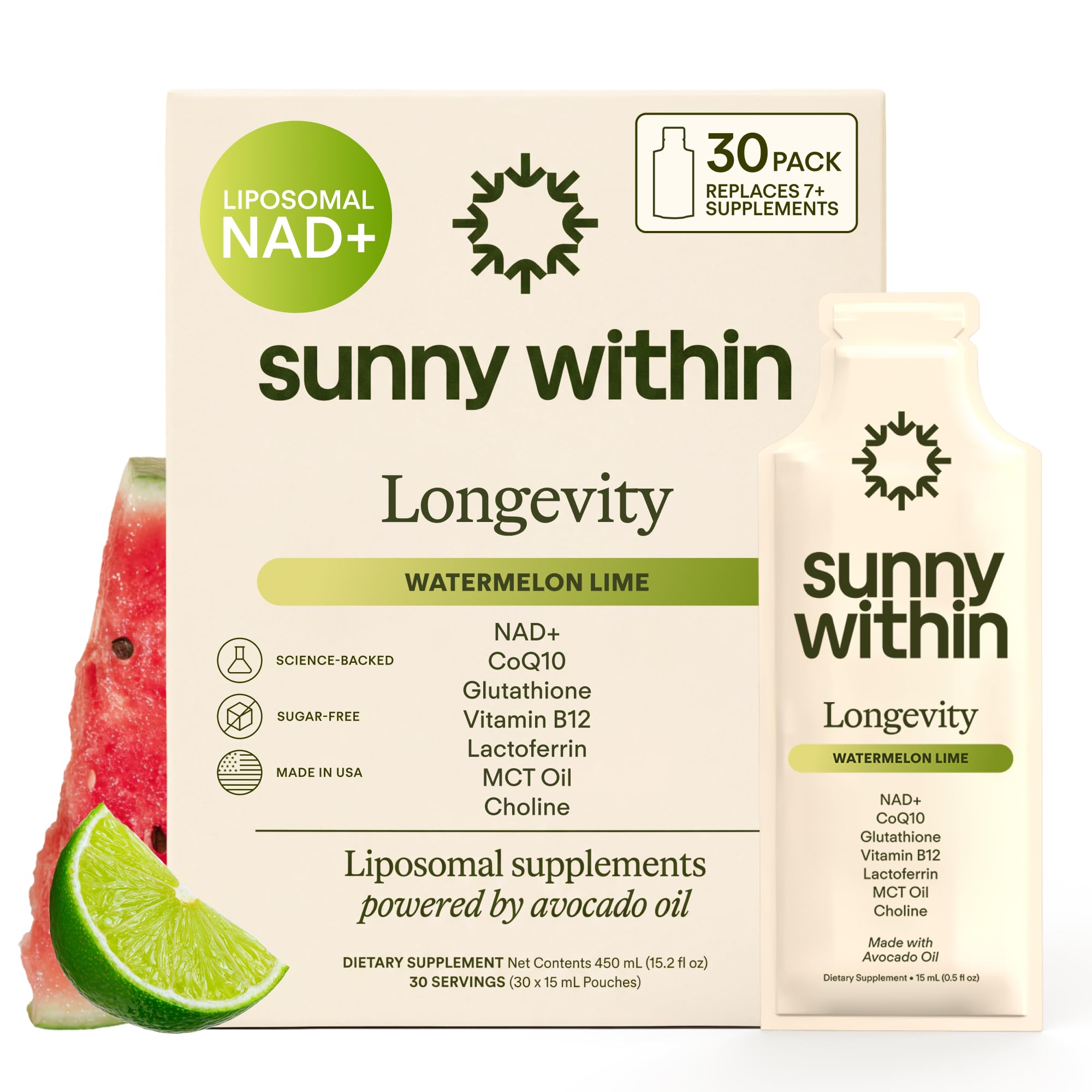 Amazon.com: Sunny Within Liposomal Glutathione Supplement CoQ10, MCT, NAD+  Longevity Mix w/Liquid NAD+, B12, Avocado Oil – Cellular Health, Energy,  Brain, Gut & Heart Support* – Watermelon Lime – 30 Pouches : Everything Else