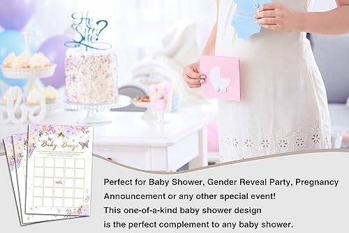 Miniatura 4 de HEZNZXQ Juegos de baby shower para niñas, juego de bingo de mariposa púrpura para baby shower, decoraciones florales moradas para fiestas de