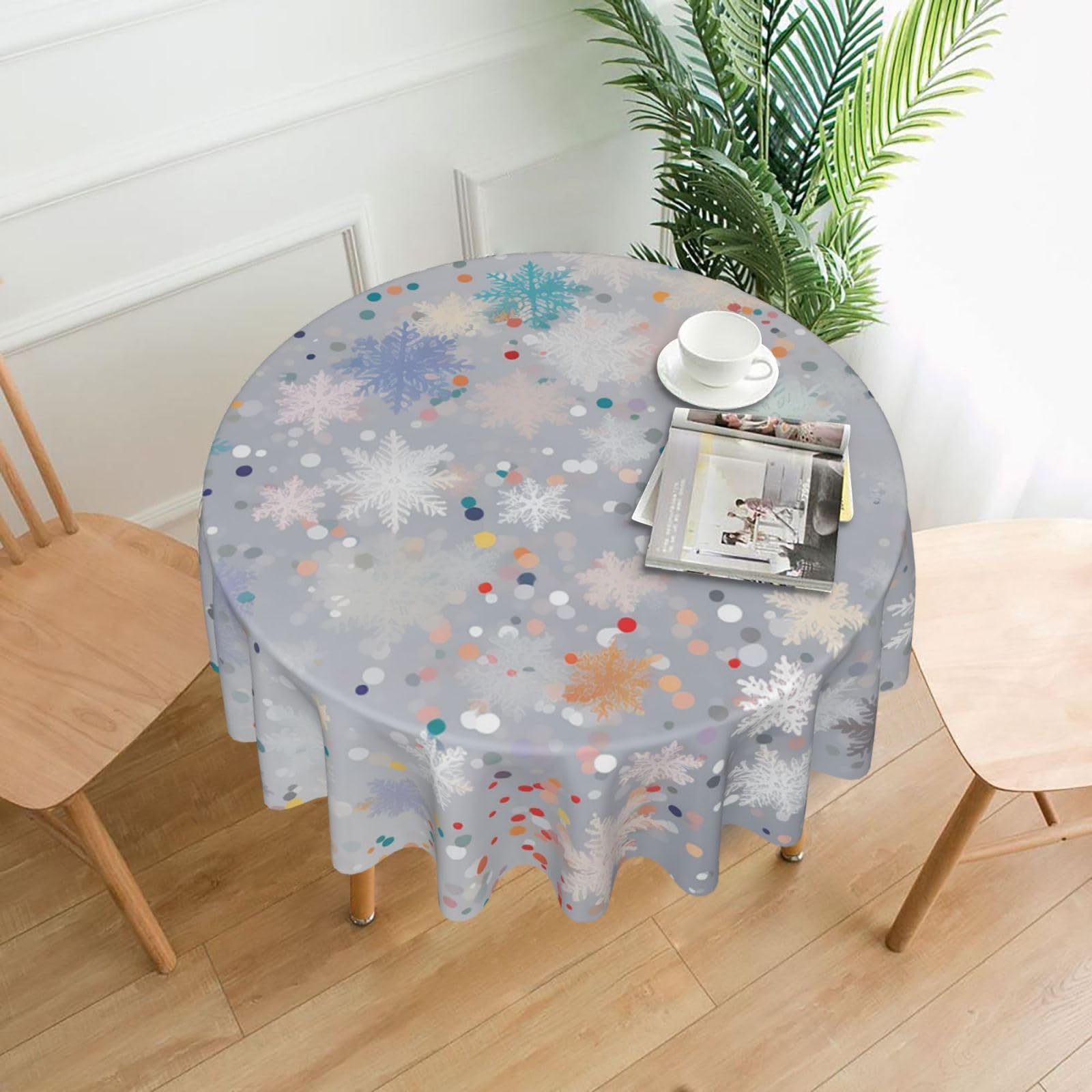 QMKFWT - Round Tablecloth Snowflake Print Soft Dustproof Wrinkle Resistant Washable Polyester Tablecloth for Kitchen Dining Farmhouse Picnic Indoor Outdoor