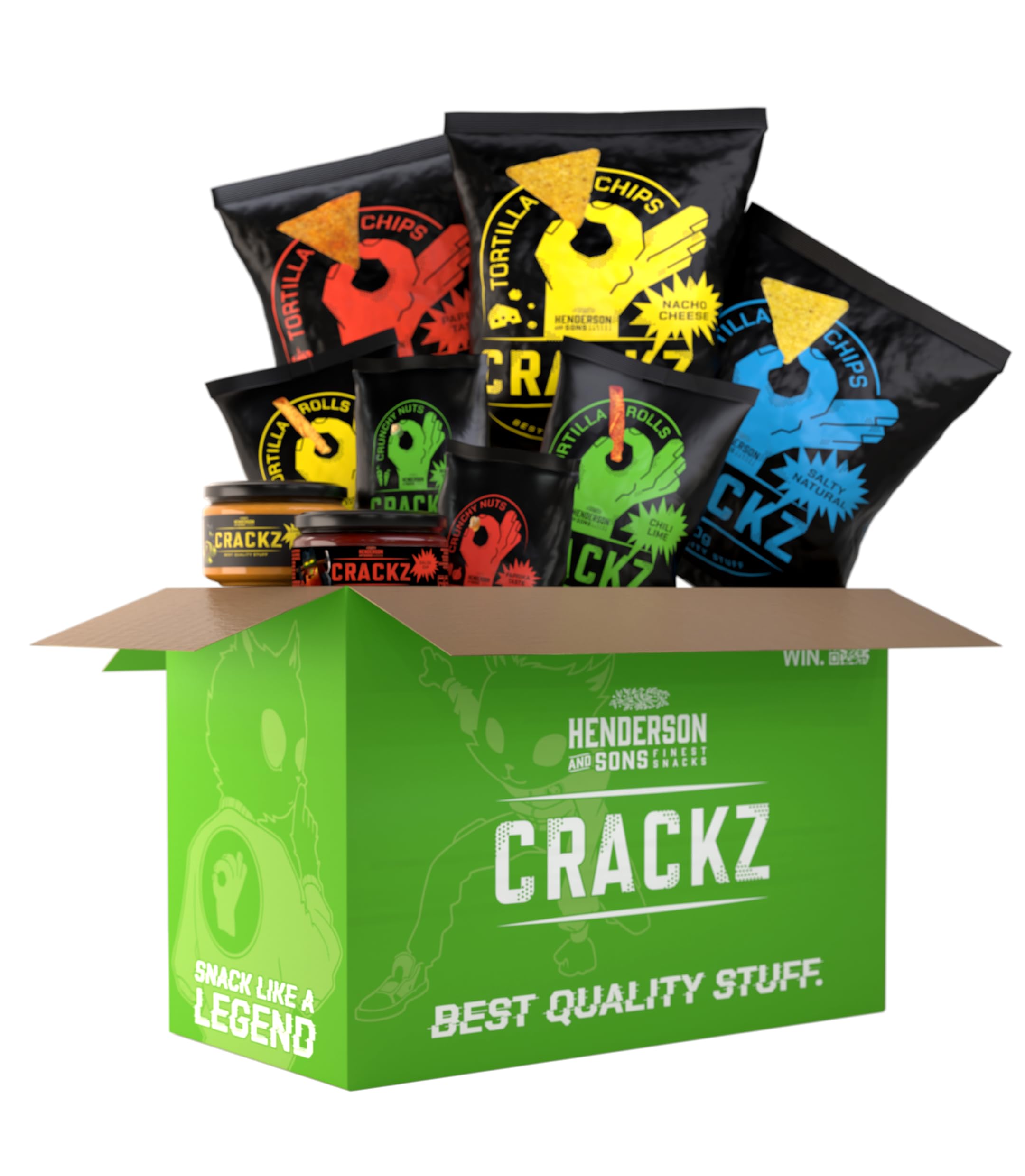 HENDERSON AND SONS CRACKZ Probierpaket mit allen 9 Sorten – 3 x Tortilla Chips, 2 x Tortilla Rolls, 2 x Crunchy Nuts & 2 x Dips – Gaming Snackbox für LAN Partys, WM Abende & Movie Nights