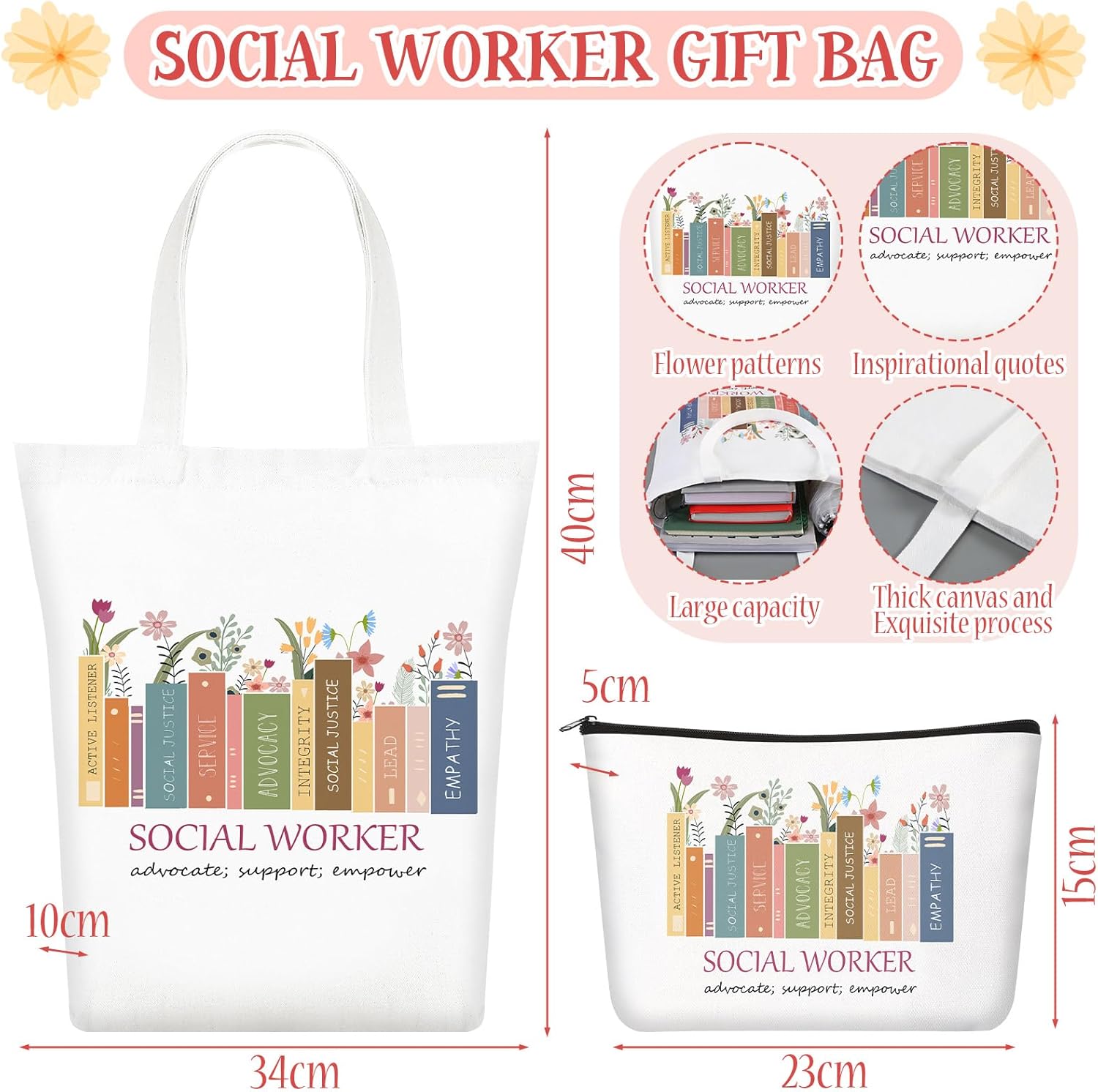 5 Pcs Social Worker Appreciation Gifts, Cosmetic Bag, Canvas Bag, Coil Notebook, Ballpoint Pen and Keychain for Women Office School Graduation Advocate Coworker Christmas Anniversaries Gift - Image 4