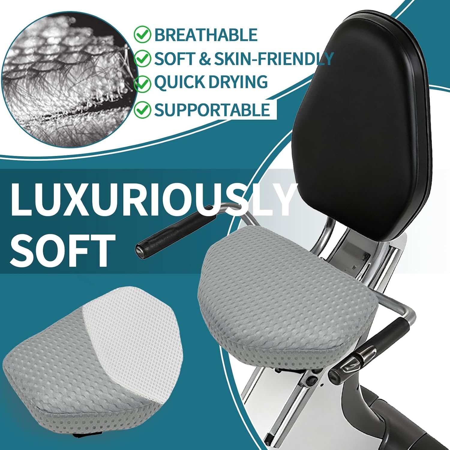 3" Thick Universal Recumbent Bike Seat Cushion - Anti-Slip Pad with Fixed Strap & One-Sided Silicone Printing Exercise Bikes Seat Cushion (Gray)