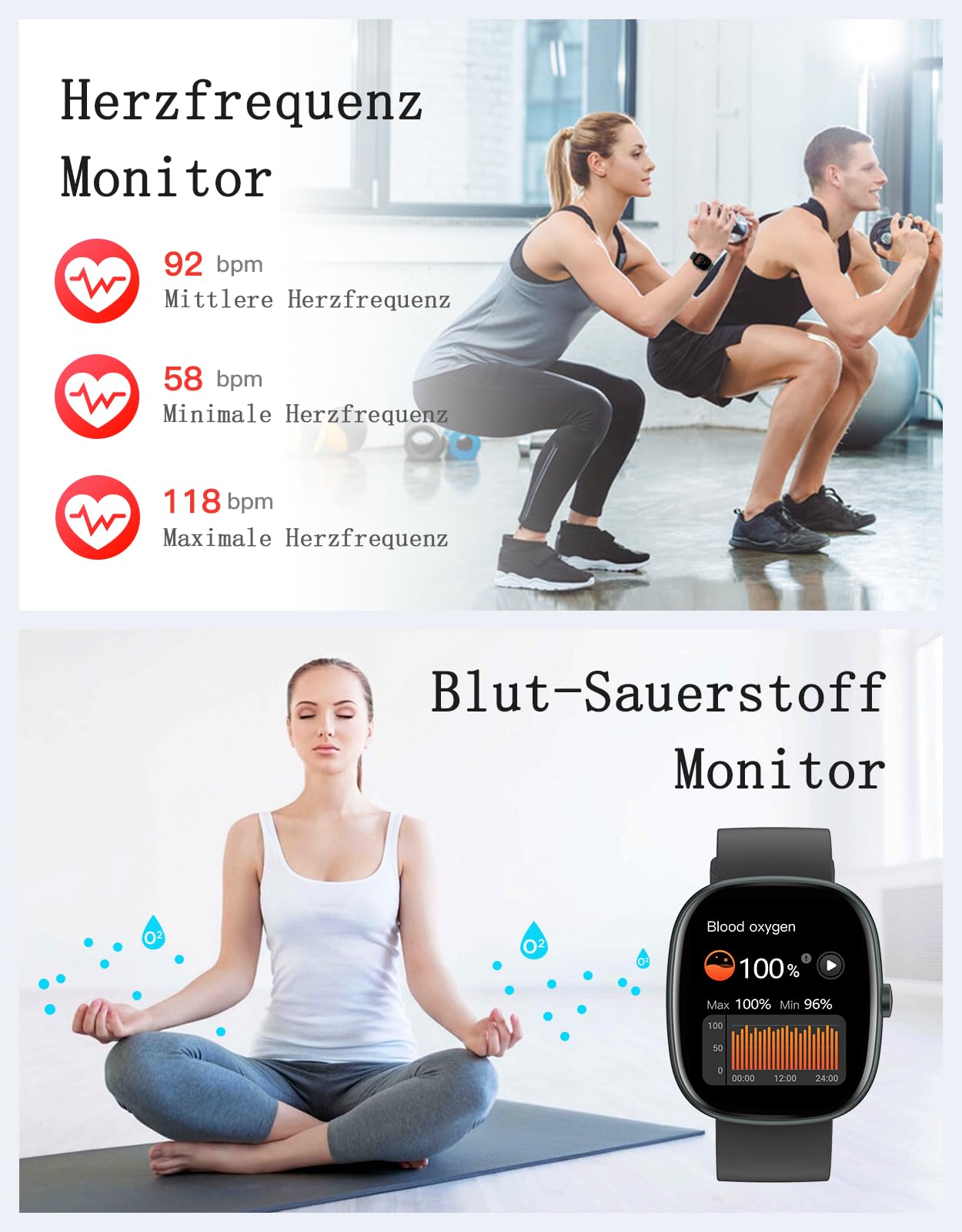 Smartwatch Damen Herren mit Telefonfunktion,1.85" HD Screen Fitnessuhr | SpO2/Herzfrequenz/Schlafmonitor/Schrittzähler 100+Sportmodi,IP68 Wasserdicht,Whatsapp Benachrichtigung für Android iOS Handy