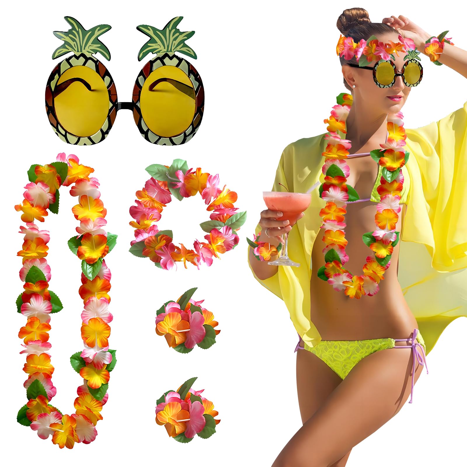 GLAITC 5Pcs Hawaiian Fancy Dress Hawaiian Leis With Novelty Pineapple Sunglasses Flower Garland Necklace Headband Wristband Set For Luau Accessories Tropical Beach Party Decor Dance Performance (Pink)