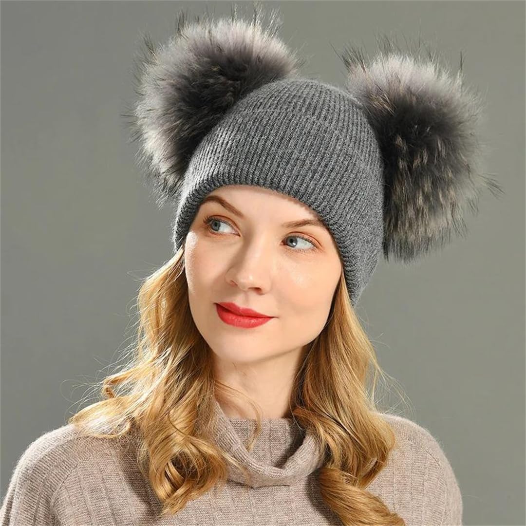 Wvapzxx Gorro Con Pompón De Piel Doble, Gorros De Invierno Para Mujer, Gorros De Lana Tejidos, Gorros, Gorros Para Niñas, Gorro Con Pompón De Dos Pieles