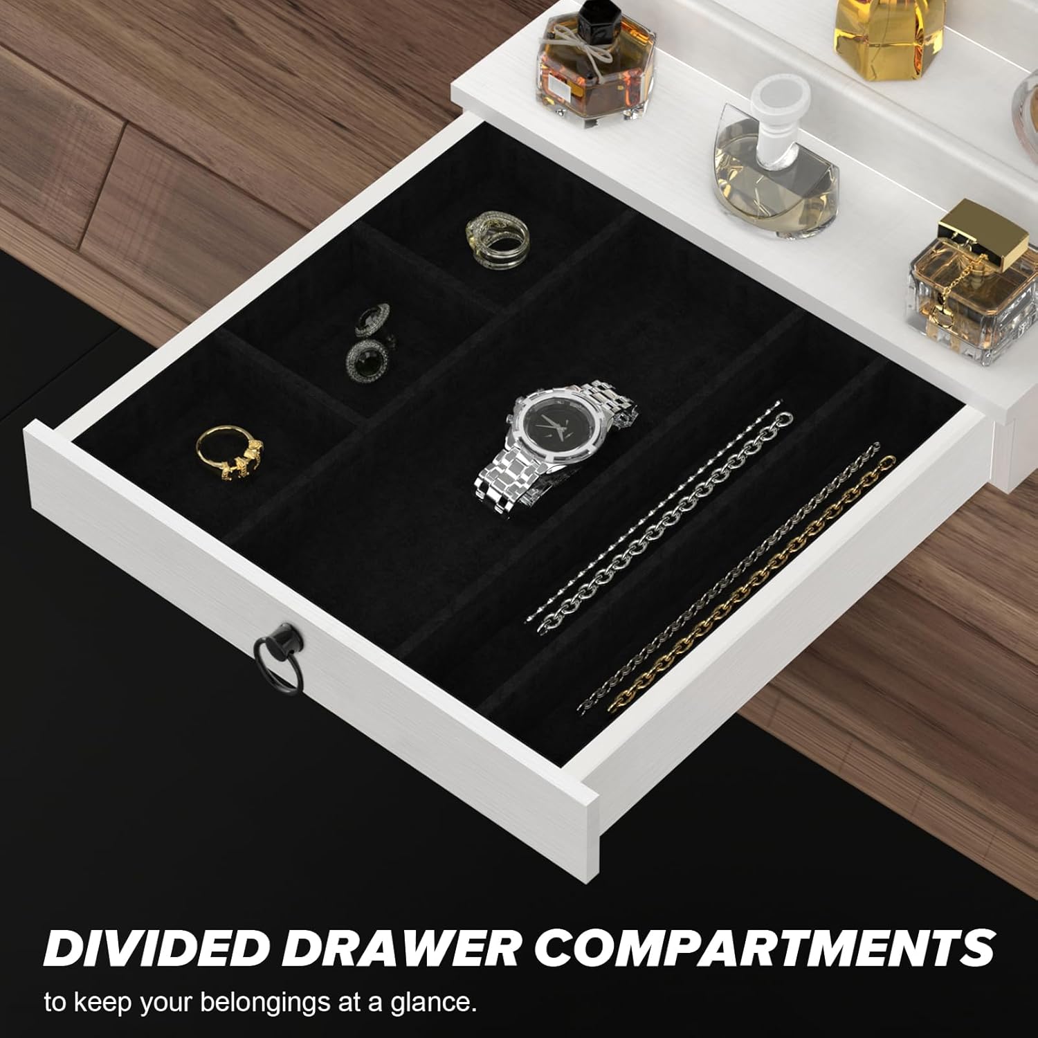 Cologne Organizer for Men, 5 Tier White Cologne Shelf, Perfume Stand with Drawer and Hidden Compartment Perfume Display Holder - A Gift for Men