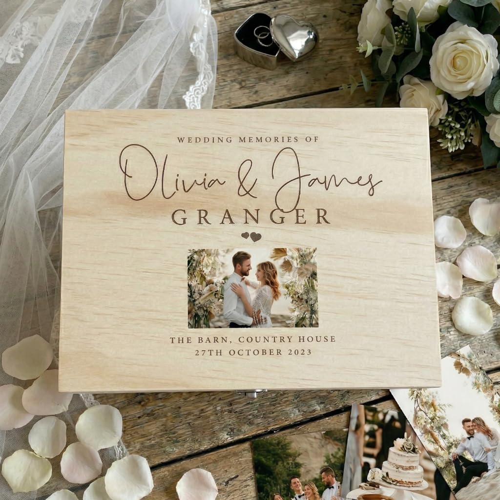 Caja de recuerdos de madera personalizada para fotos de boda, regalo de boda, fotografía personalizada, mensaje, lugar, nombres, apellido y fecha, regalo perfecto para el día de la boda, 26 x 19 x