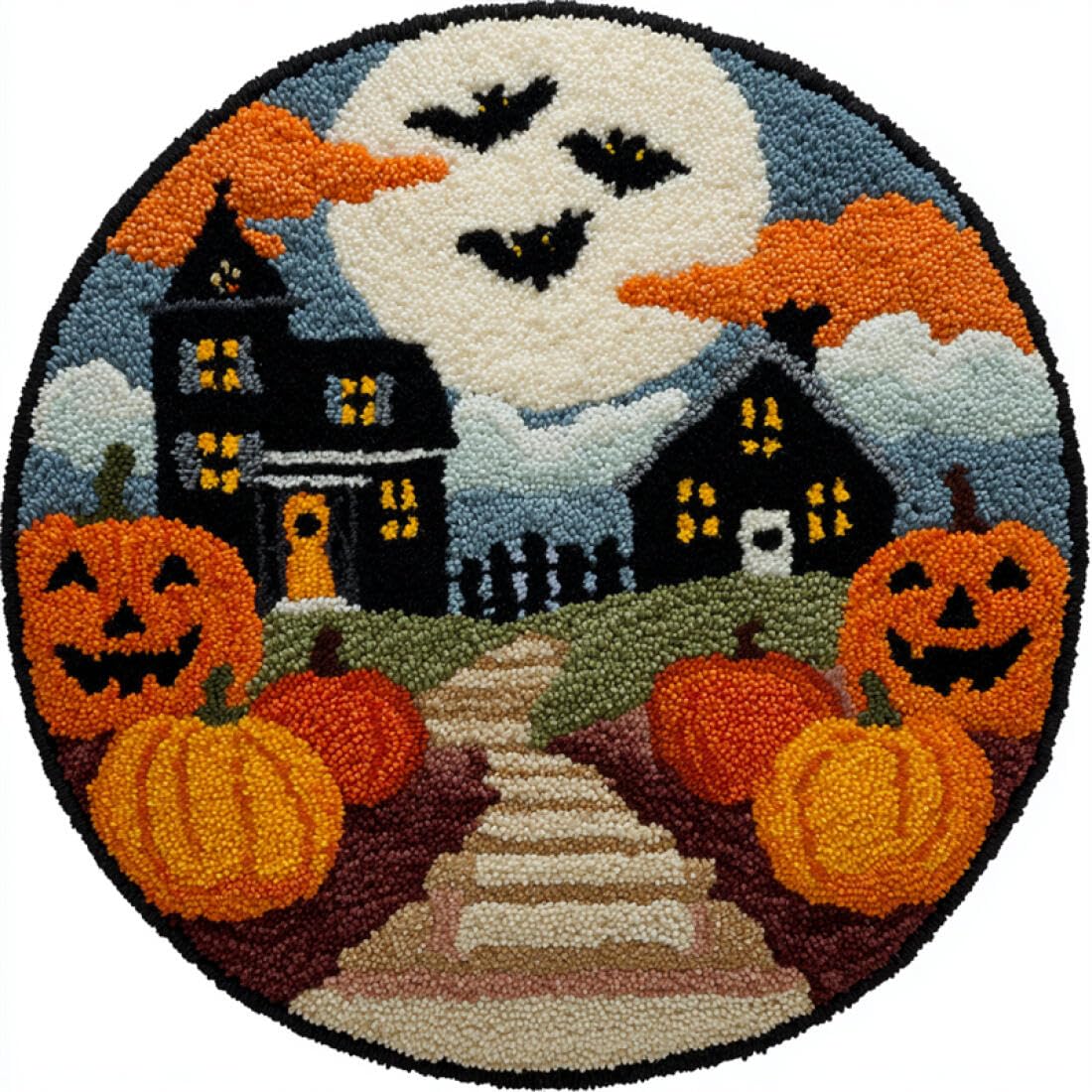 Rqwybcaxn DIY Latch Hook Rug Making Kits for Adults Crochet Hooks Set Pumpkins and Castles 50x50cm Round Pre-Printed Mesh Fabric Carpet Living Room Home Decor