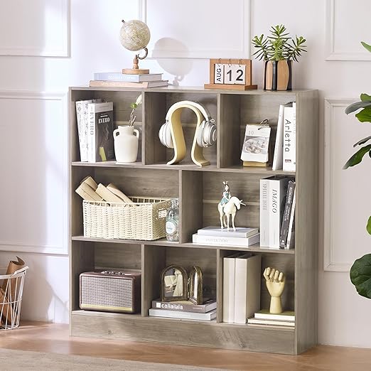 LEYAOYAO 8 Cube Bookshelf with Base,3 Tier Mid-Century Modern Grey Bookcase,Standing Wide Bookshelves Storage Organizer Shelf,Rustic Wood Display Cabinet Book Shelves for Bedroom,Living Room,Office