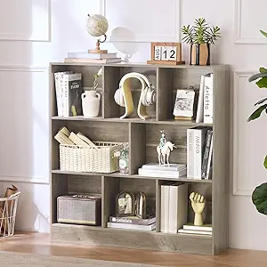 LEYAOYAO 8 Cube Bookshelf with Base,3 Tier Mid-Century Modern Grey Bookcase,Standing Wide Bookshelves Storage Organizer Shelf,Rustic Wood Display Cabinet Book Shelves for Bedroom,Living Room,Office
