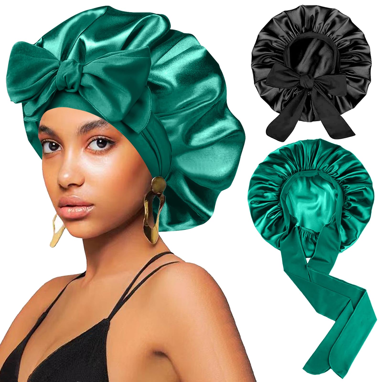 2 gorros de satén de seda para mujeres que duermen. Gorros grandes de satén para mujer con banda elástica para el cabello de seda con correas ajustables, gorro de dormir nocturno para hombres, trenzas