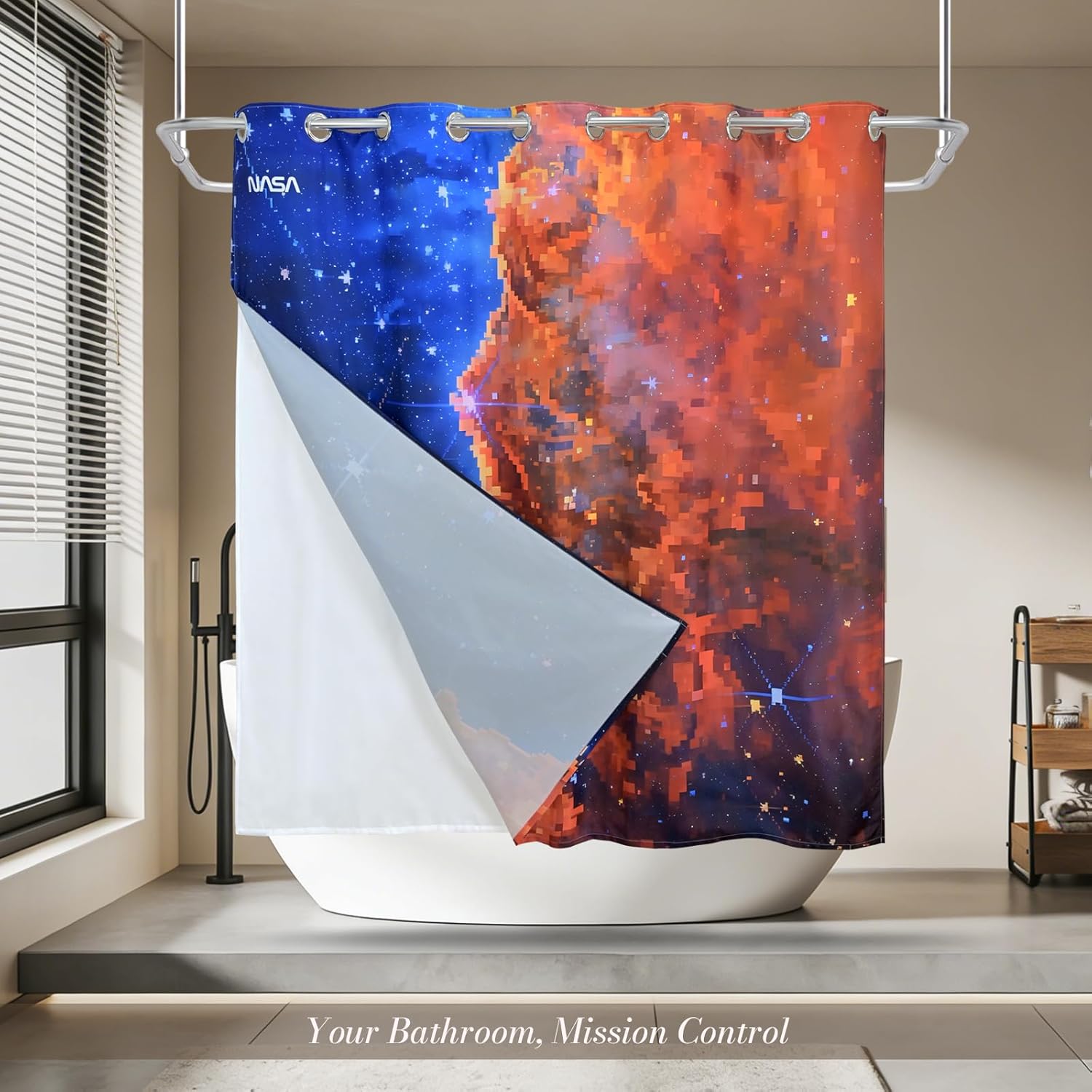 NASA Cosmic Mosaic No Hook Shower Curtain Set, NASA-Licensed Space Poster Art, Nebula Cloud Design, Gallery-Style Bathroom Décor (Cosmic Mosaic-Blue/Red, 72" W x 74" L (Pack of 1))
