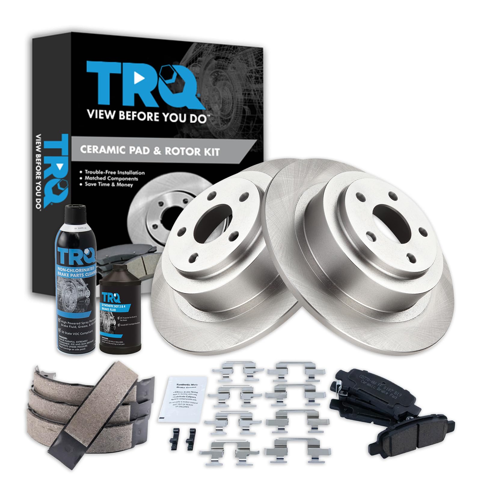 TRQ Rear Brake Pad &amp; Rotor Kit, with Chemical Kit Parking Brake Shoe Set Ceramic Compatible with 2003-2006 Subaru Baja 2001-2004 Legacy 2003-2004 Outback