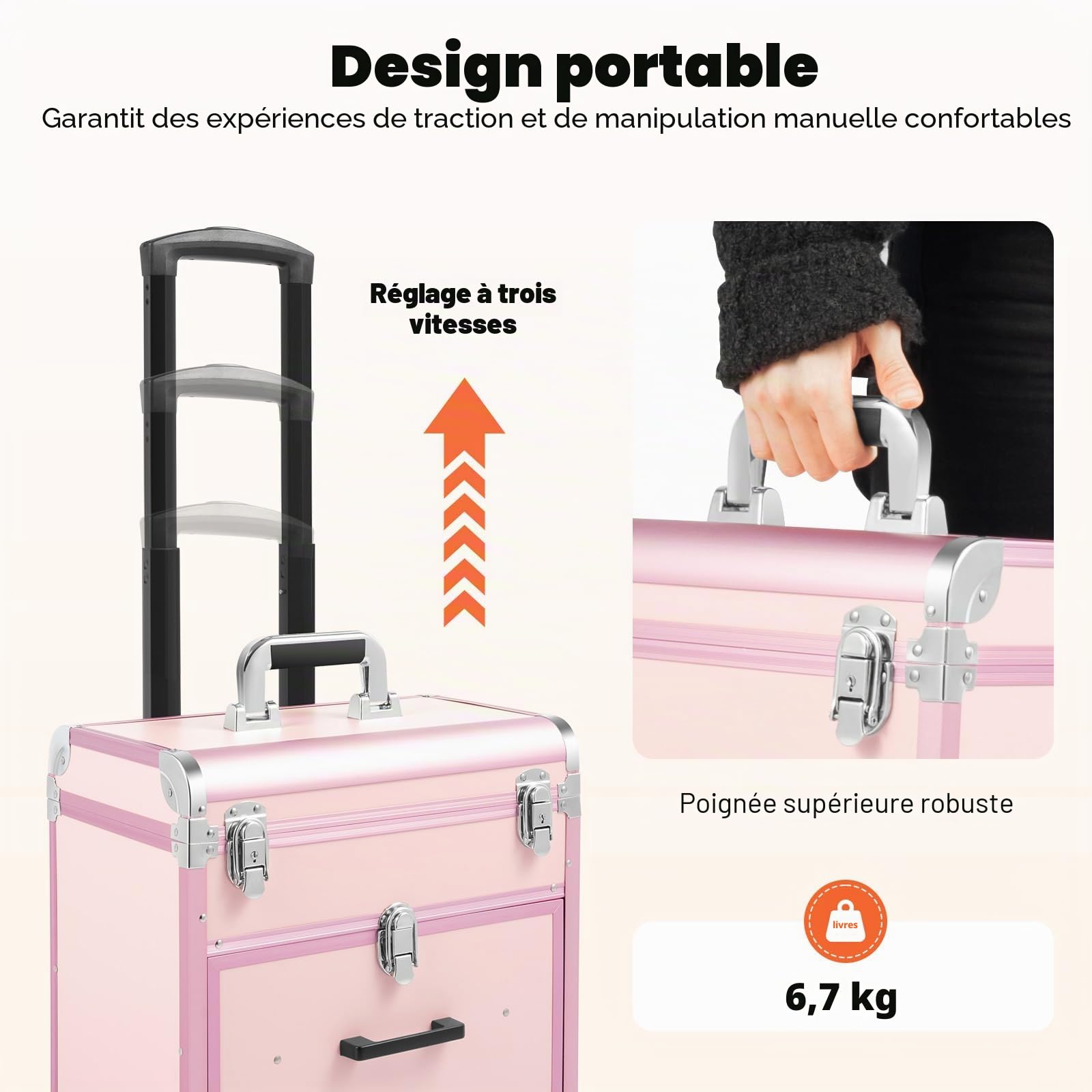 Valise cosmétique à roulettes avec tiroir, Valise professionnelle à roulettes pour maquillage et ongles, Grande valise à maquillage verrouillable pour femmes avec roues pour voyage