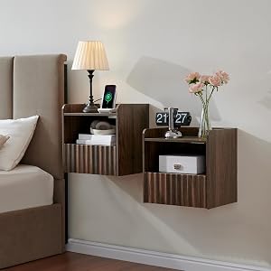 Floating Nightstand Set of 2 with Charging Station, Modern Fluted Wall Mounted Bedside Table with Drawer & Open Shelf, Oversized Storage for Bedroom (Walnut)