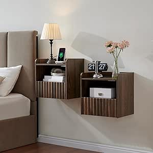 BuildHom Modern Fluted Floating Nightstand Wall Mounted Set of 2- Bedside Table with Storage Drawer & Display Shelf, Minimalist Bedroom Furniture for Studio Apartments (Walnut)