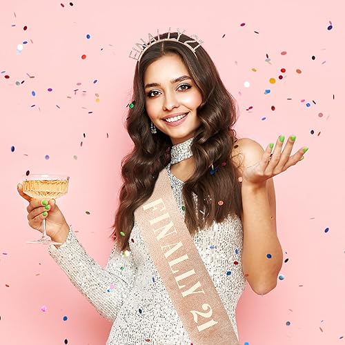 Miniatura 5 de Semato Kit de diadema de 21 cumpleaños con banda y diamantes de imitación FINALLY 21, decoraciones de cumpleaños 21