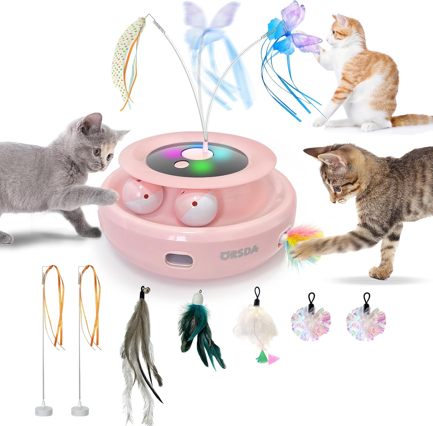 ORSDA Cat Toy, 3-in-1 Automatic Cat Toys for Indoor Cats, Electronic Whack a Mole, Fluttering Butterfly,Track Balls Kitten Toy, Replacement Attachments 7PCS Cat Teaser Toy