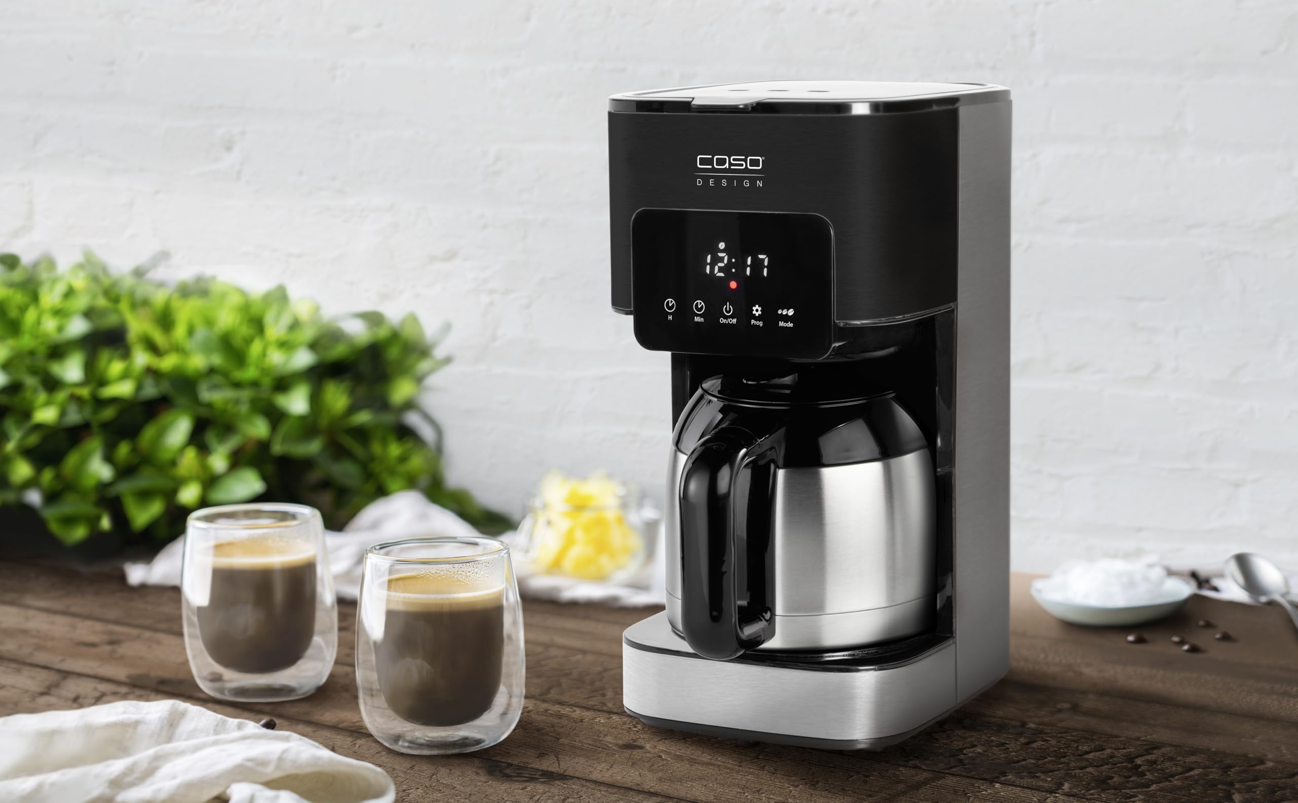 CASO Cafetera de goteo Coffee Taste & Style - Capacidad 1,2L para 10 tazas, 800W, Deposito con ventana, Acero Inoxidable, Boquilla antigoteo, Pantalla LCD - incluye dos jarras de café