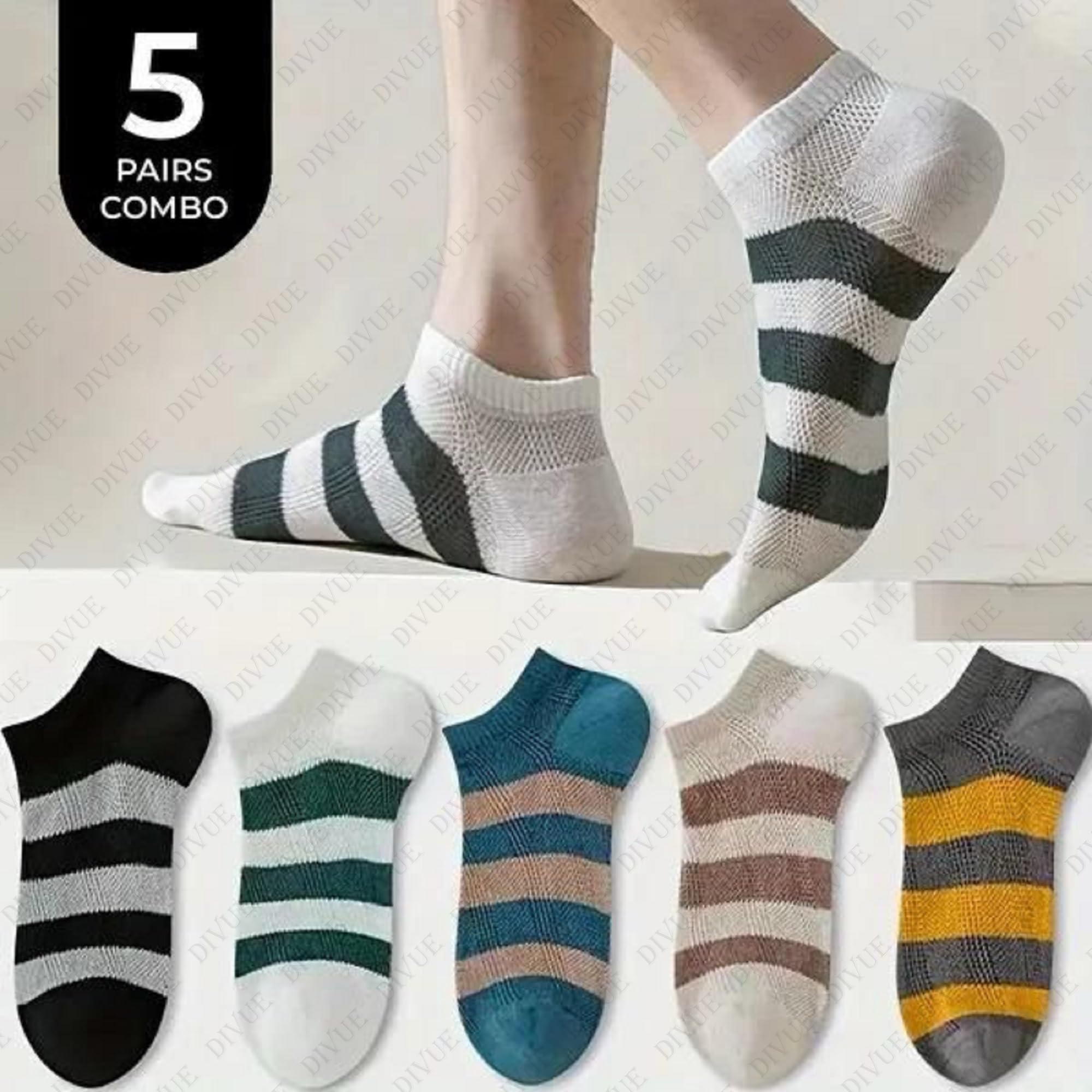 VAIDUE Cotton Ankle Length Socks for Men and Women Pack of 5 Combo | Multi Color Stripe Pattern Soft Breathable Stretchable Socks for Daily Use Comfort Fit Sports Running Office Casual Gym Socks 2