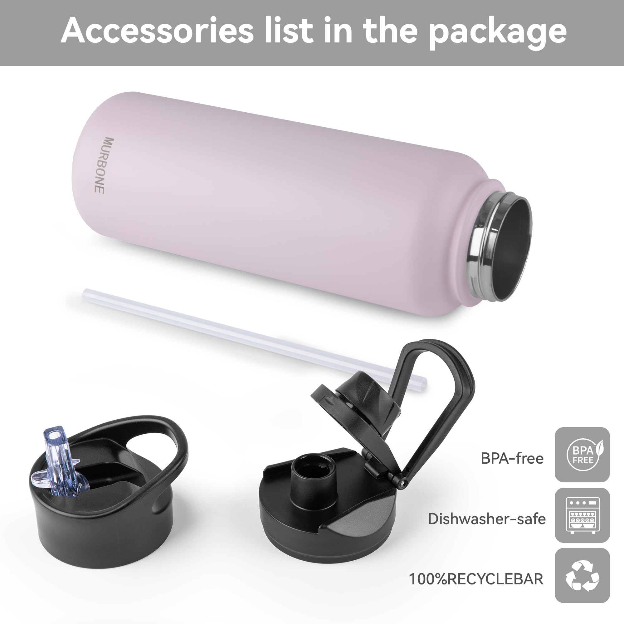 MURBONE Insulated Water Bottle, 1.2L Stainless Steel Drink Flask with Straw, BPA Free, 2 Lids (Straw Lid and Spout Lid) - Image 3