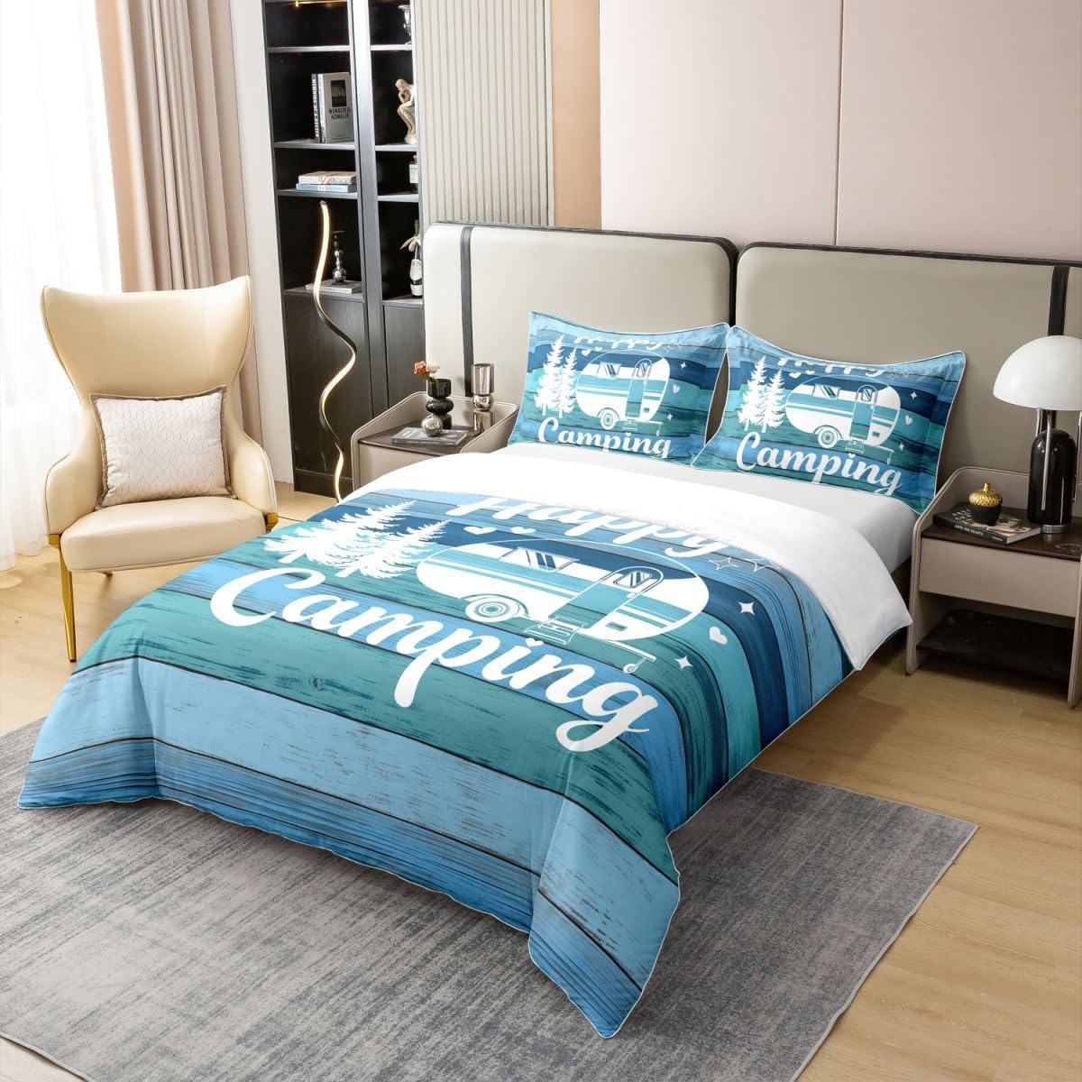 RV Camper Duvet Cover 100% Washed Cotton Happy Camping Trip Duvet Cover Kids Teens Room Decor Farmhouse Style Wooden Stripes Comforter Cover Blue Soft Bedspread with Zipper Closure,No Comforter