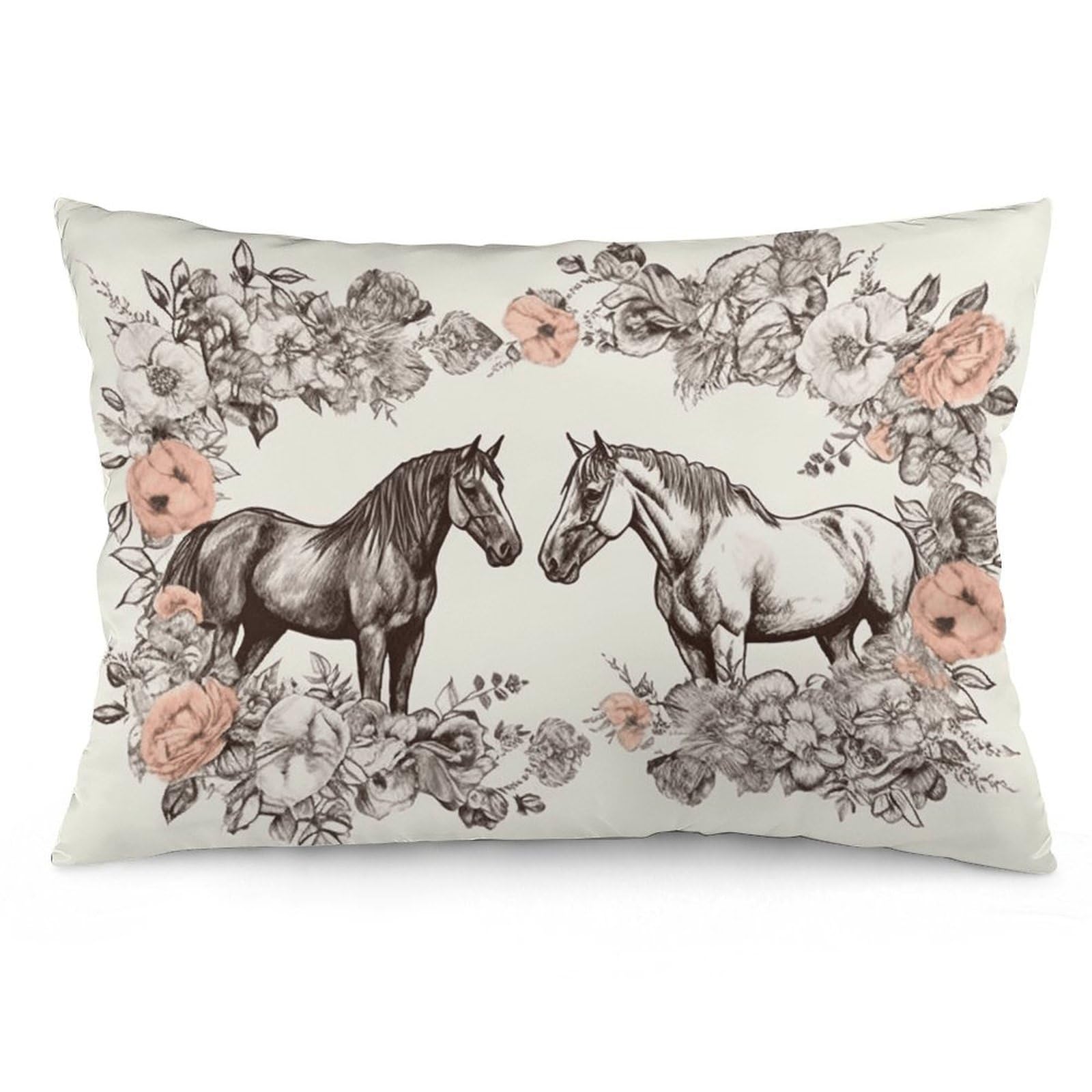 2 Pack Pillow Cases for Hair and Skin, Soft Breathable Pillow Case Covers with Hidden Zipper, Flowers and Horses Hand Drawn Pillowcase 20"x30" Pillow Covers for Sleeping Gift