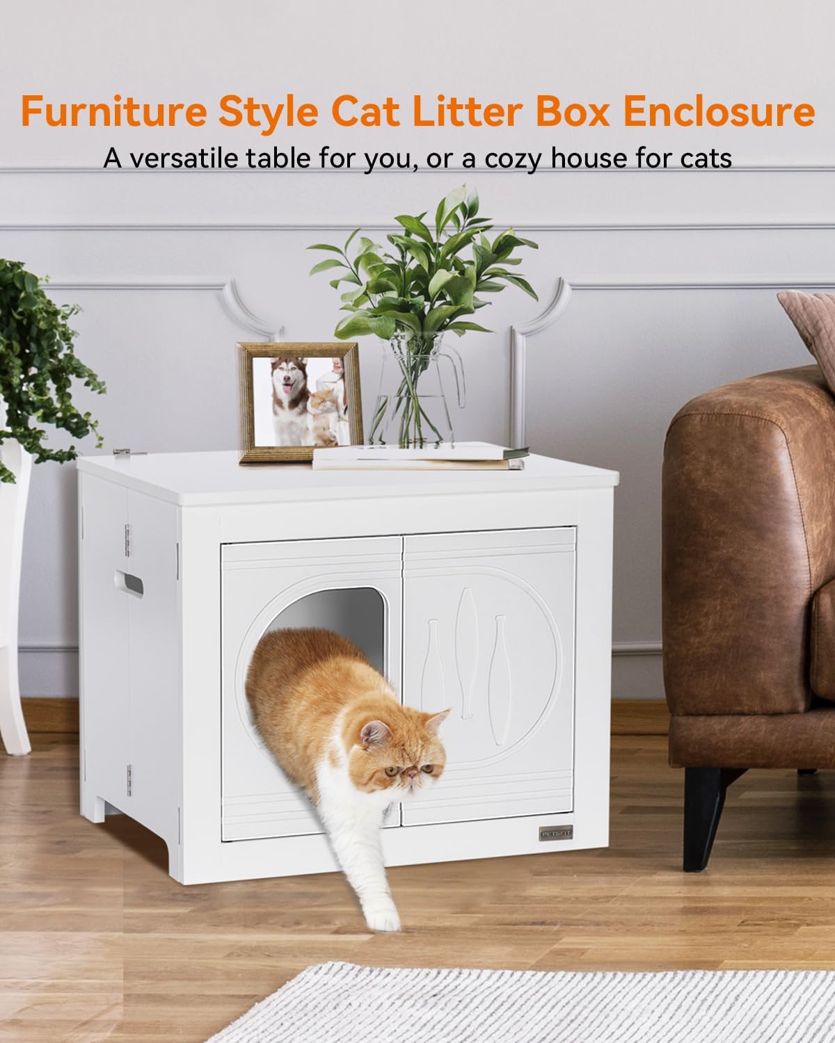 PETSFIT Cat Litter Box Enclosure Folding Furniture, Unfold to Use, No Assembly Needed, Litter Box Furniture as Cat House, End Table, Fit Most of Litter Box (White)
