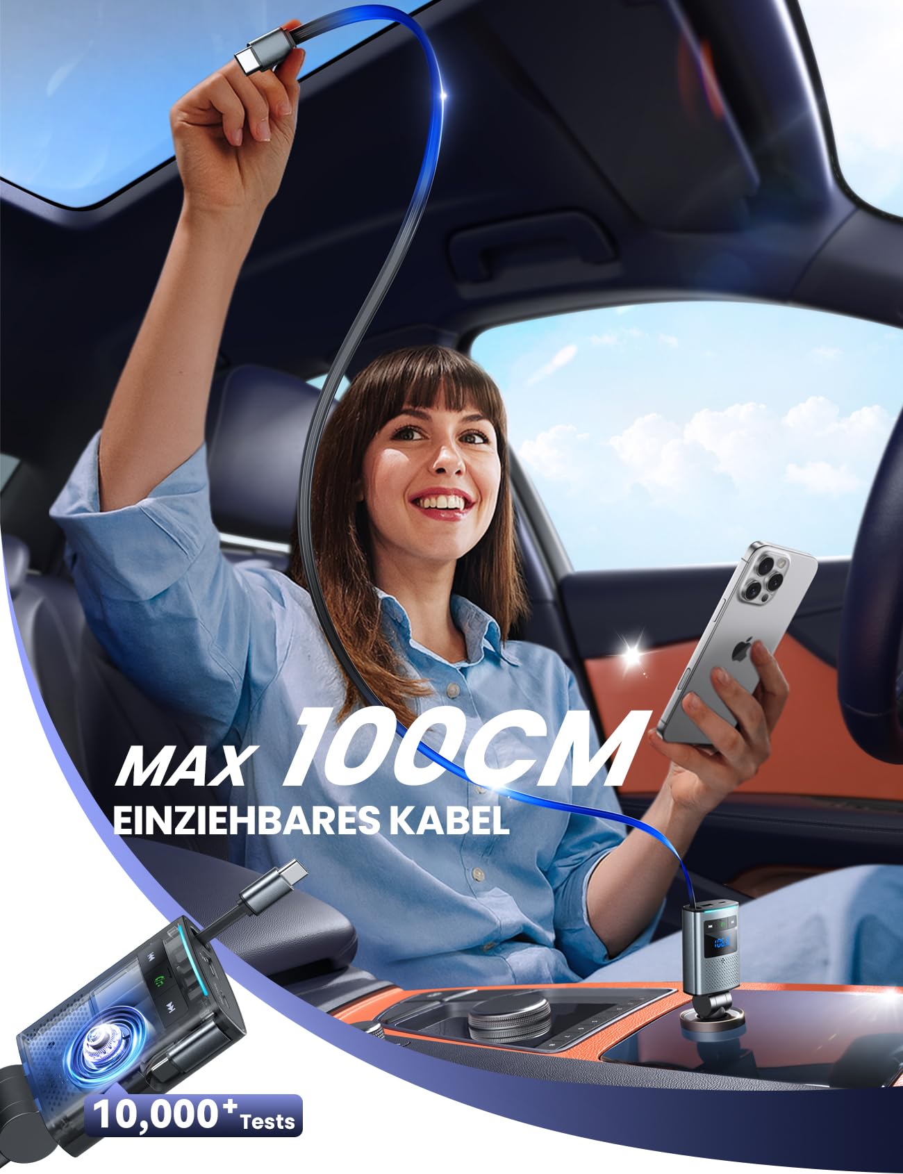 JOYROOM 90W Transmetteur FM Bluetooth Voiture,【100cm Rétractable Câble】 2026 Allume Cigare USB C & Autoradio Bluetooth 5.4 avec Kit Mains Libres, Accessoire Voiture Interieur pour iPhone 17