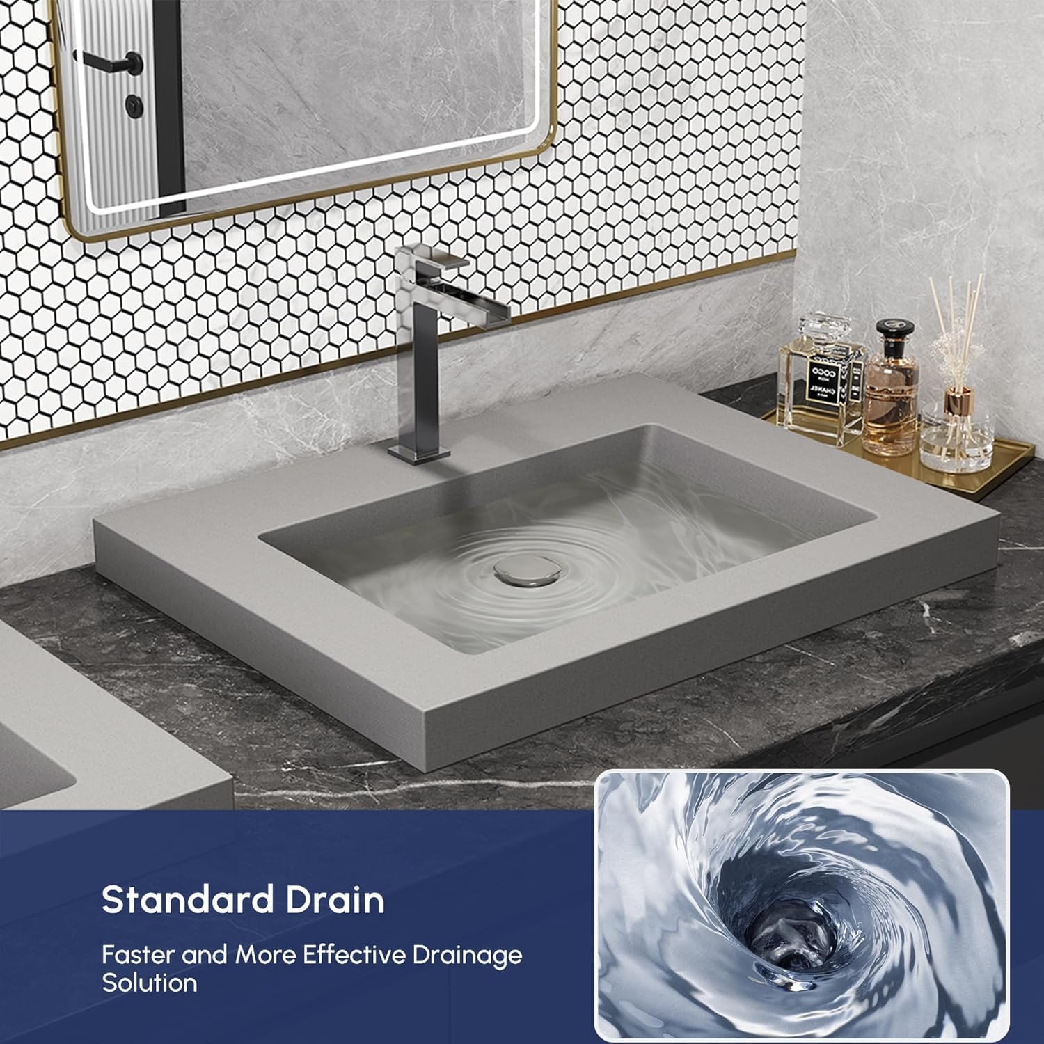 Vessel Sink 23" Gray Concrete Drop in Bathroom Sink, Industrial Minimalist Design, Durable Cement Finish, Easy Above Mount Installation. Handcrafted Art Piece For Any Bathroom, Gray