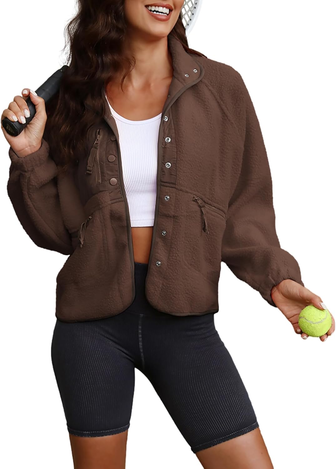 ReachMe Womens Sherpa Jacket Casual Lapel Button Down Cropped Fuzzy Fleece Jackets Long Sleeve Winter Coats with Pockets - Image 4