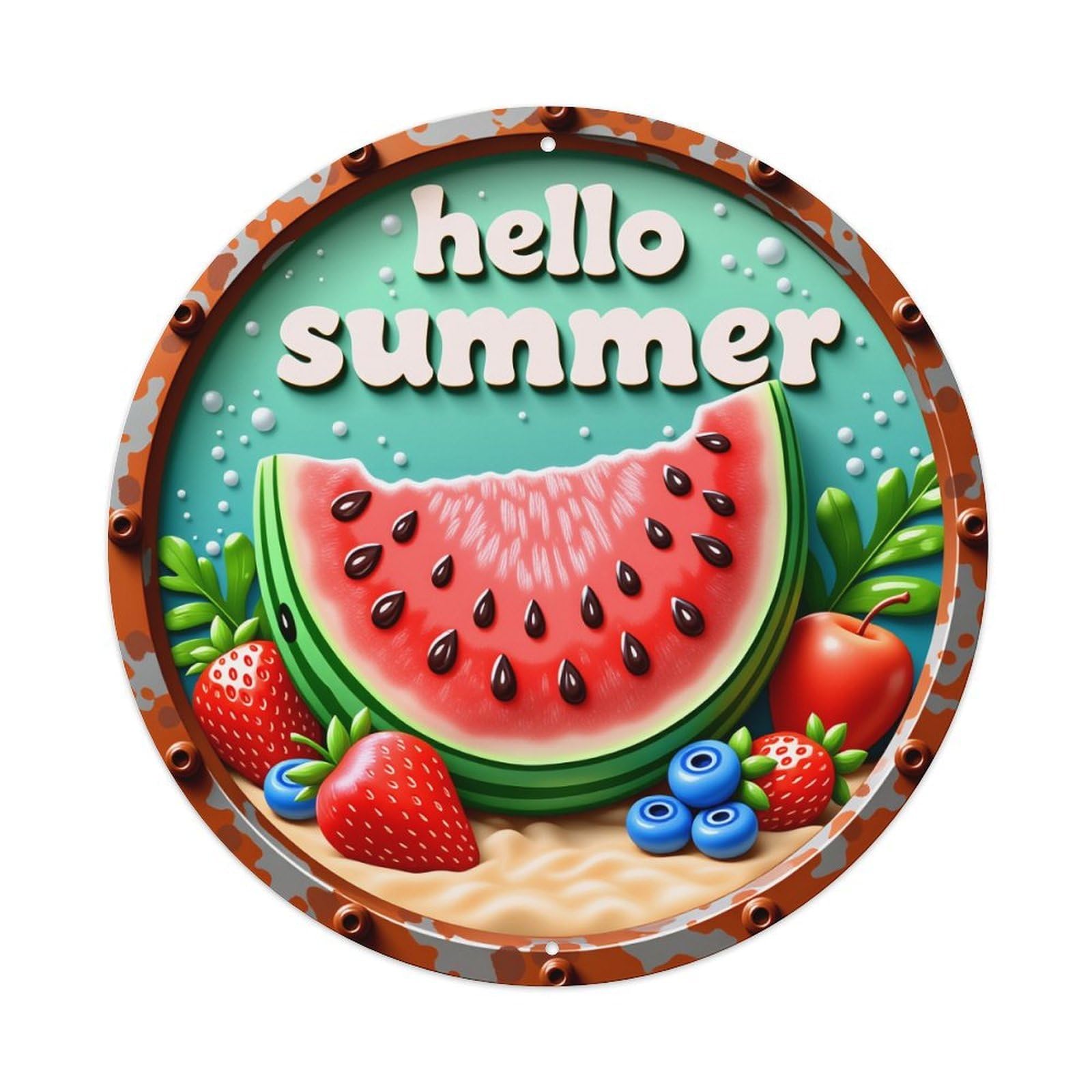 Hello Summer Watermelon Strawberry Blueberry Apple Round Vintage Tin Sign,Retro Wall Art,Metal Poster for Home, Bar, Garage, Cafe, Rustic Indoor & Outdoor Decor, 8x8 Inches