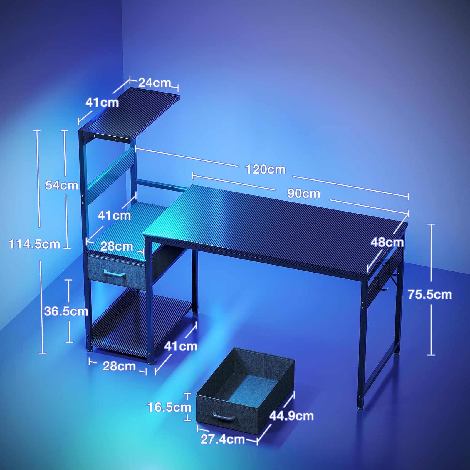 Coleshome Gaming Tisch mit LED-Beleuchtung,120×48cm Gaming Schreibtisch mit Schubladen und Regal, Umkehrbarer Computertisch mit Kopfhörerhalterung, Carbon Fiber Schwarz