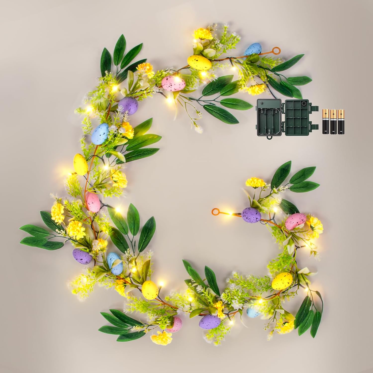 10Ft Christmas Garland with 50 LED Lights - 2 Pack Pre-lit Outdoor Xmas Garland with Timer - Pine Garland with Red Berries Snow Pine Cones - 10 Foot by 10 Inch