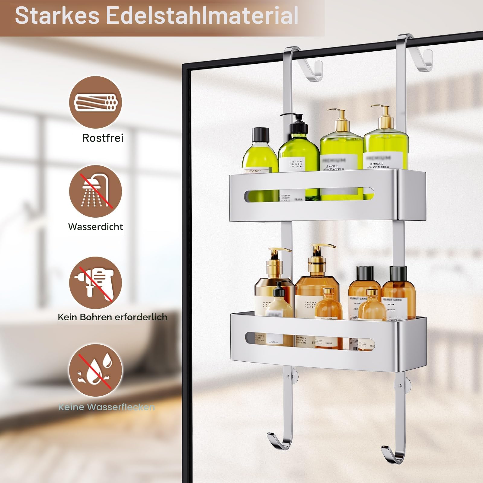 Ajex Duschablage zum Hängen, Duschregal ohne Bohren Edelstahl Badezimmer Organizer Shampoo Halterung Duschkorb Halterung Shower Shelf Mit 4 Haken und Zwei Körbe Für Rahmenlos Glastür