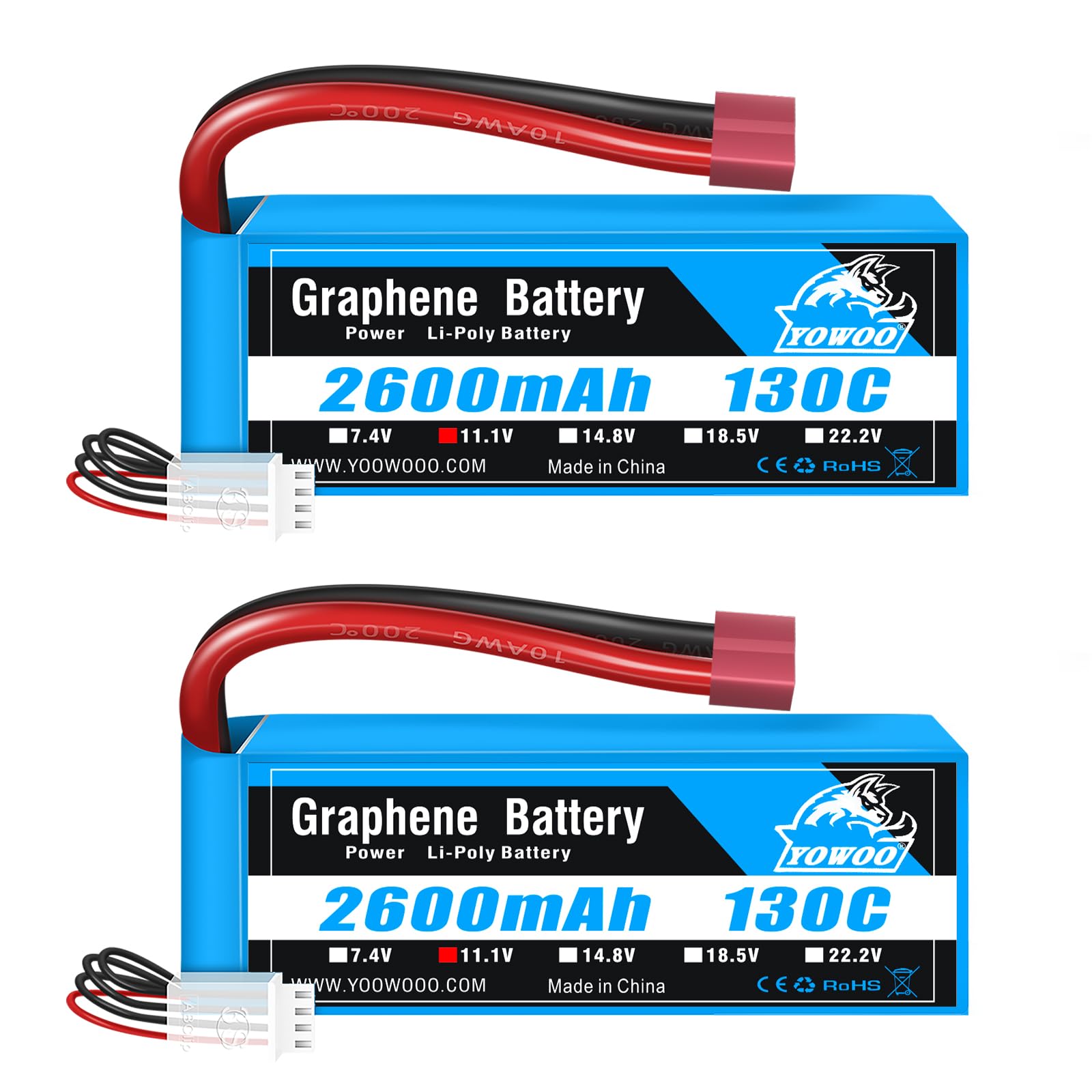 Yowoo 2 Pack 3S LiPo Akku 2600mAh 11.1V 130C mit Deans T Stecker Graphene Akku für Easy-Pro Glider PZ P-47 Addiction X 3D Plane Large Park Flyers