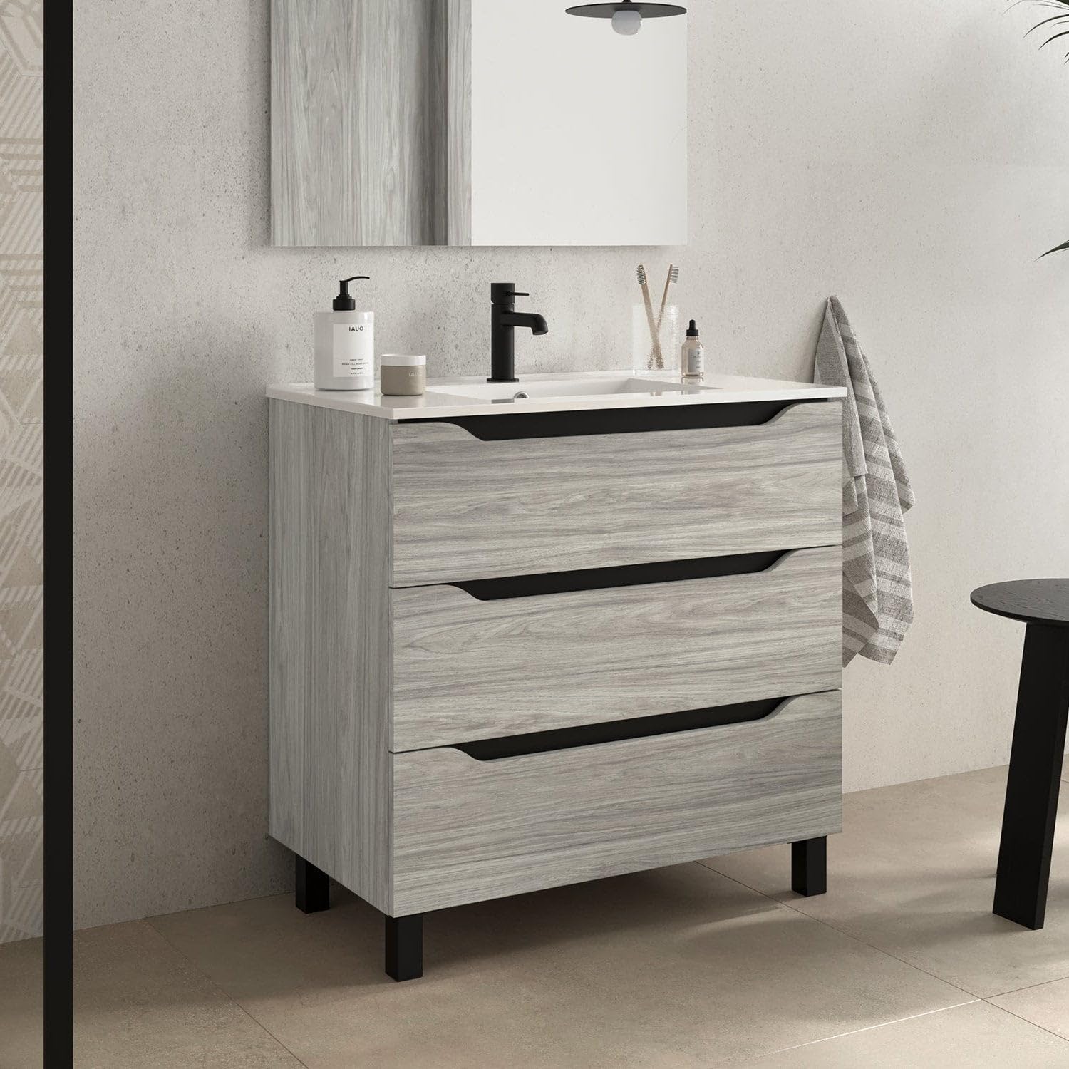 Trio Mueble de Baño con Lavabo 3 Cajones Color Roble Cambrian - Medida: 80 cm 80 cm