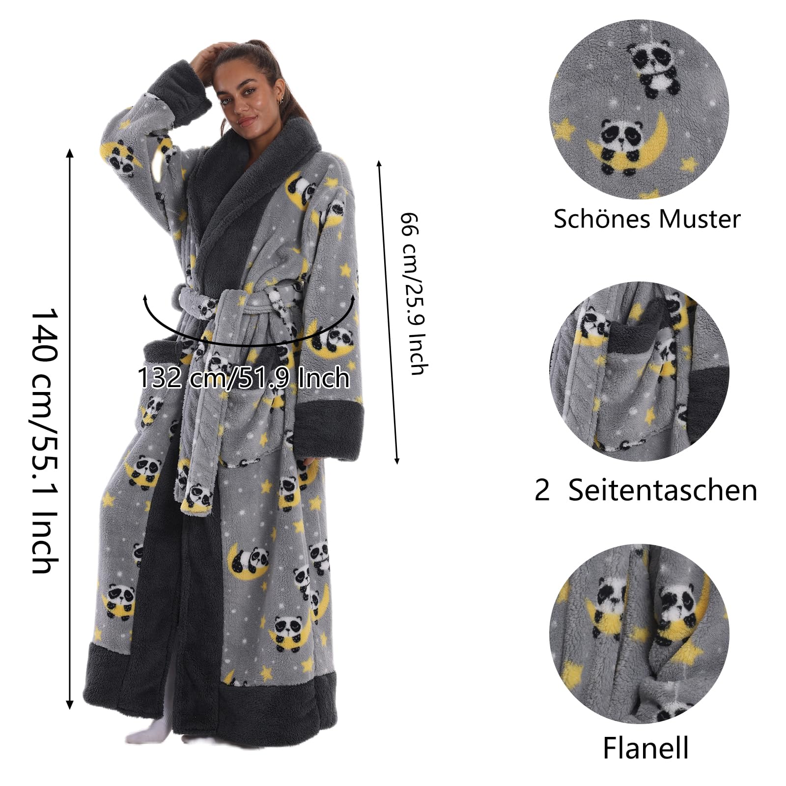 Peignoir de Bain Long en Flanelle Épaisse et Douce 140 cm sans Capuche - Robe de Chambre Chaud avec Poche et Ceinture - Taille Unique pour Femme, Homme - Cadeau Maison Spa