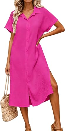 Halife Womens Swimsuit Coverup Shirt Dress Button Down Bathing Suit Cover Up Short Sleeve Beach Vacation Swimwear Cover Ups