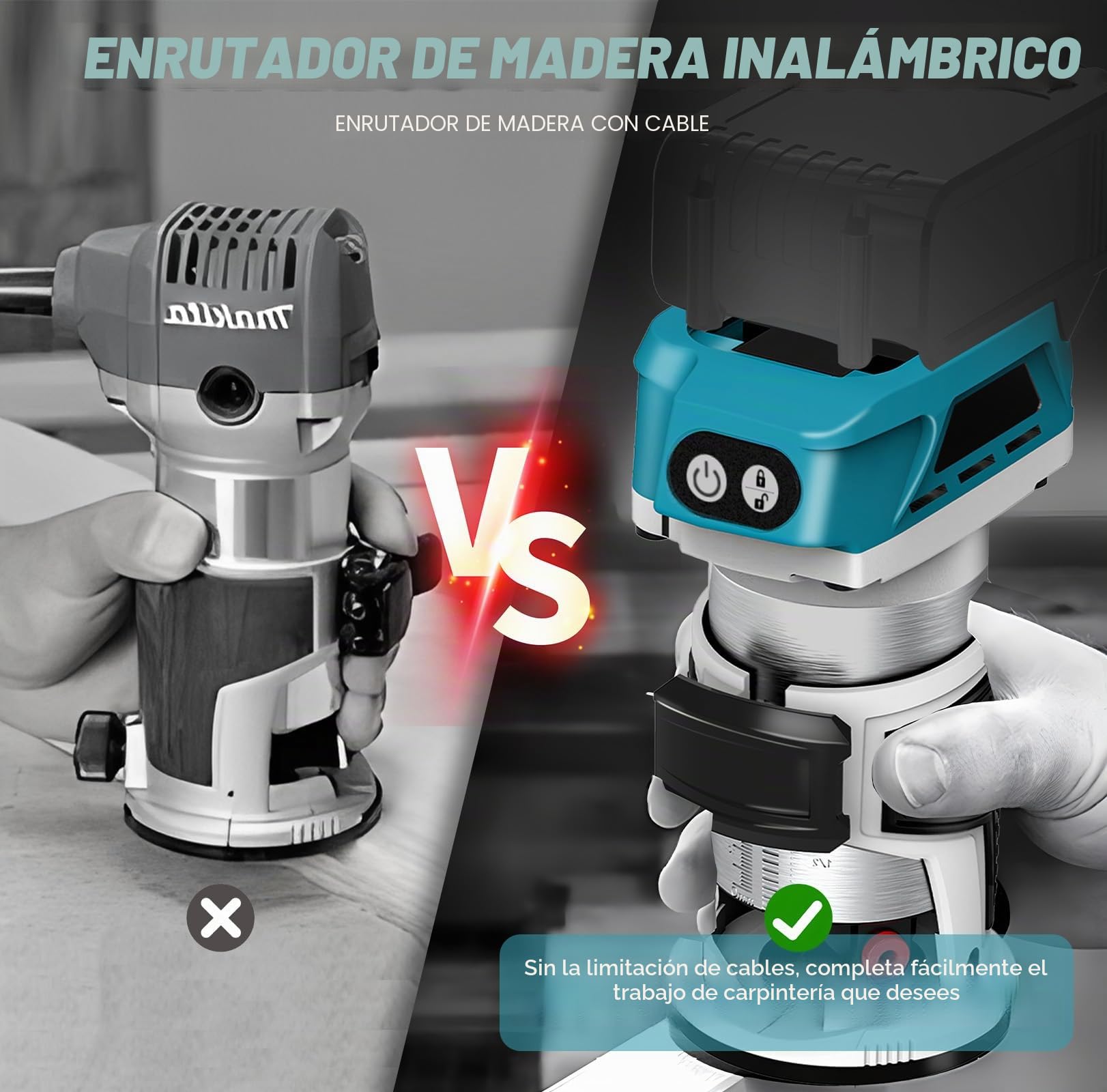 Router inalámbrico compatible con batería Makita 18 V (sin bateríe), recortadora de madera 800 W 6 velocidades, guía recta, rueda guía, 15 brocas fresado, conducto de polvo