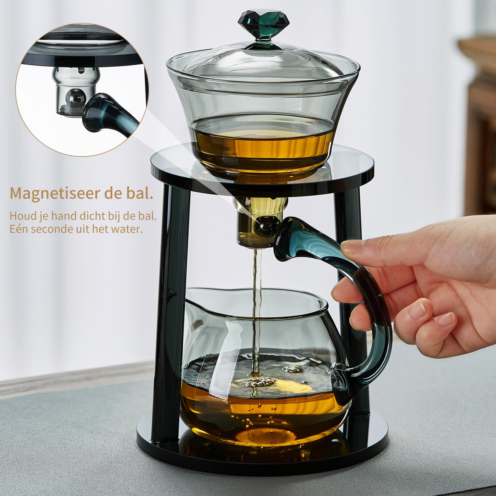 MESNEY Magnetyczny szklany czajniczek z zaparzaczem – półautomatyczny zestaw do herbaty Kungfu, 350ml żaroodporny szklany czajniczek do herbaty liściastej, dziobek bez kapania, elegancki zaparzacz