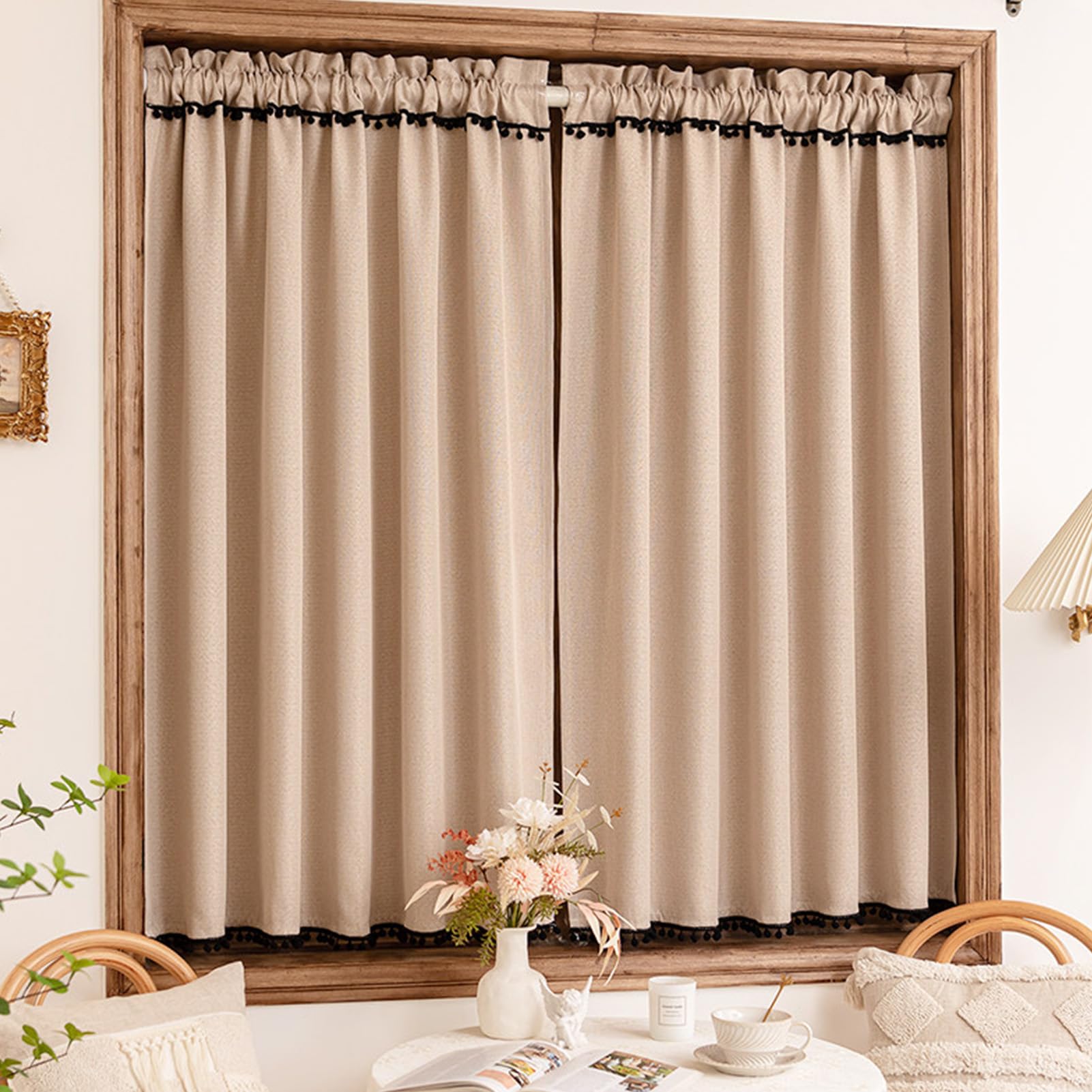 ZZYK Short Kitchen Valances with Black Tassels,Linen Washed Small Window Curtain Privacy Blackout Curtains for Bedroom Living Room Cafe Basement,Paste,59" W x 79" L