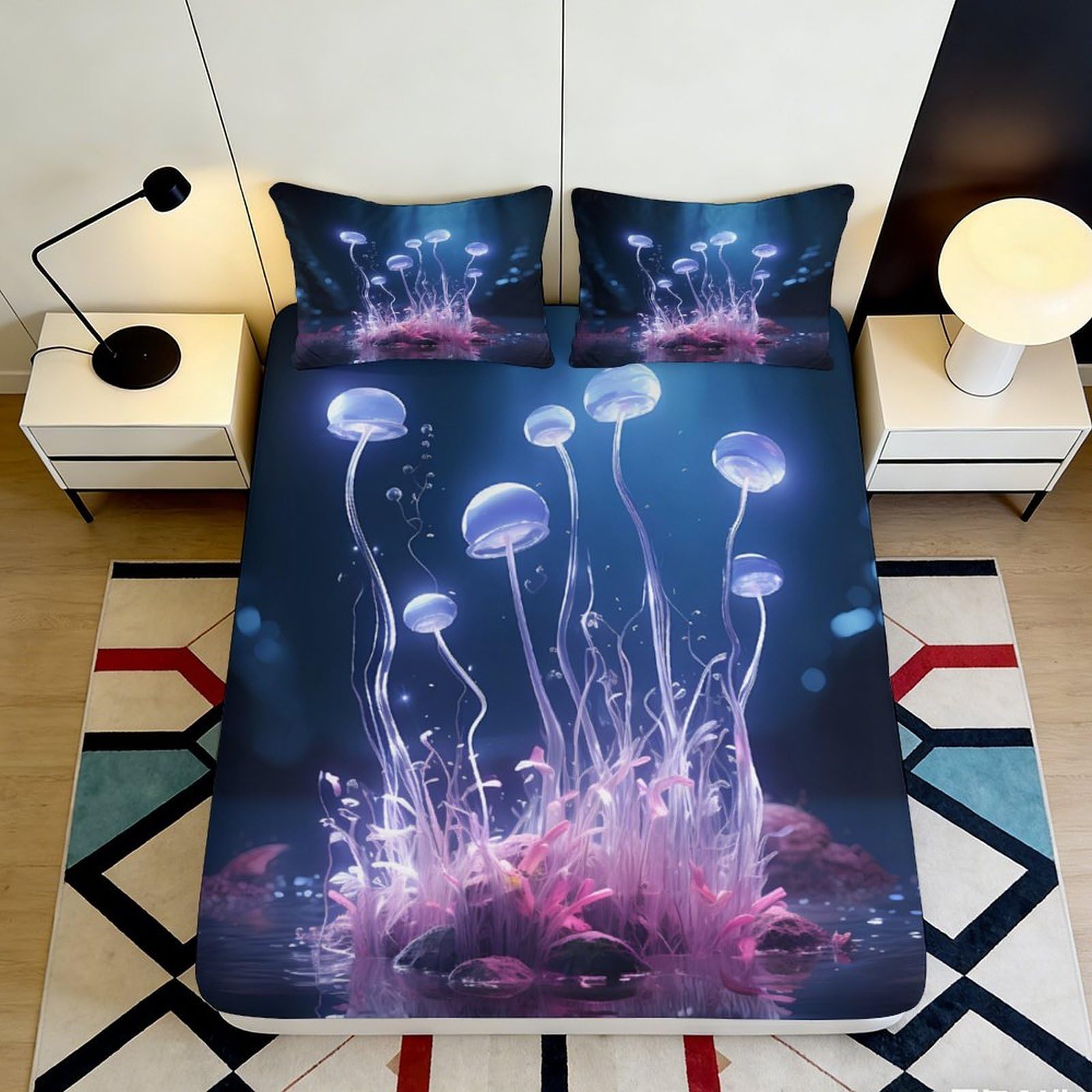 Jqzkxnhpbr Style-7 3D Printed Jellyfish Ocean Fitted Sheet Microfiber Soft Blue Underwater Bed Cover For Bedroom Guestroom Dorm Decor 90X200x25cm