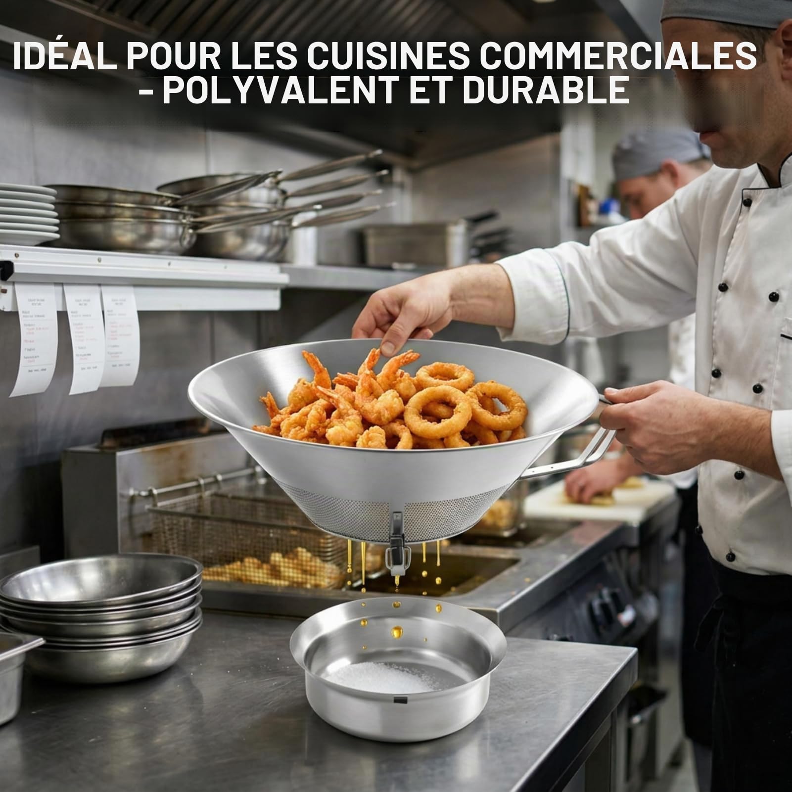 Passoire à huile pour frites en acier inoxydable 304 – Entonnoir à graisse avec bol d’égouttage et récipient de récupération d’huile – Accessoire de cuisine domestique et commerciale