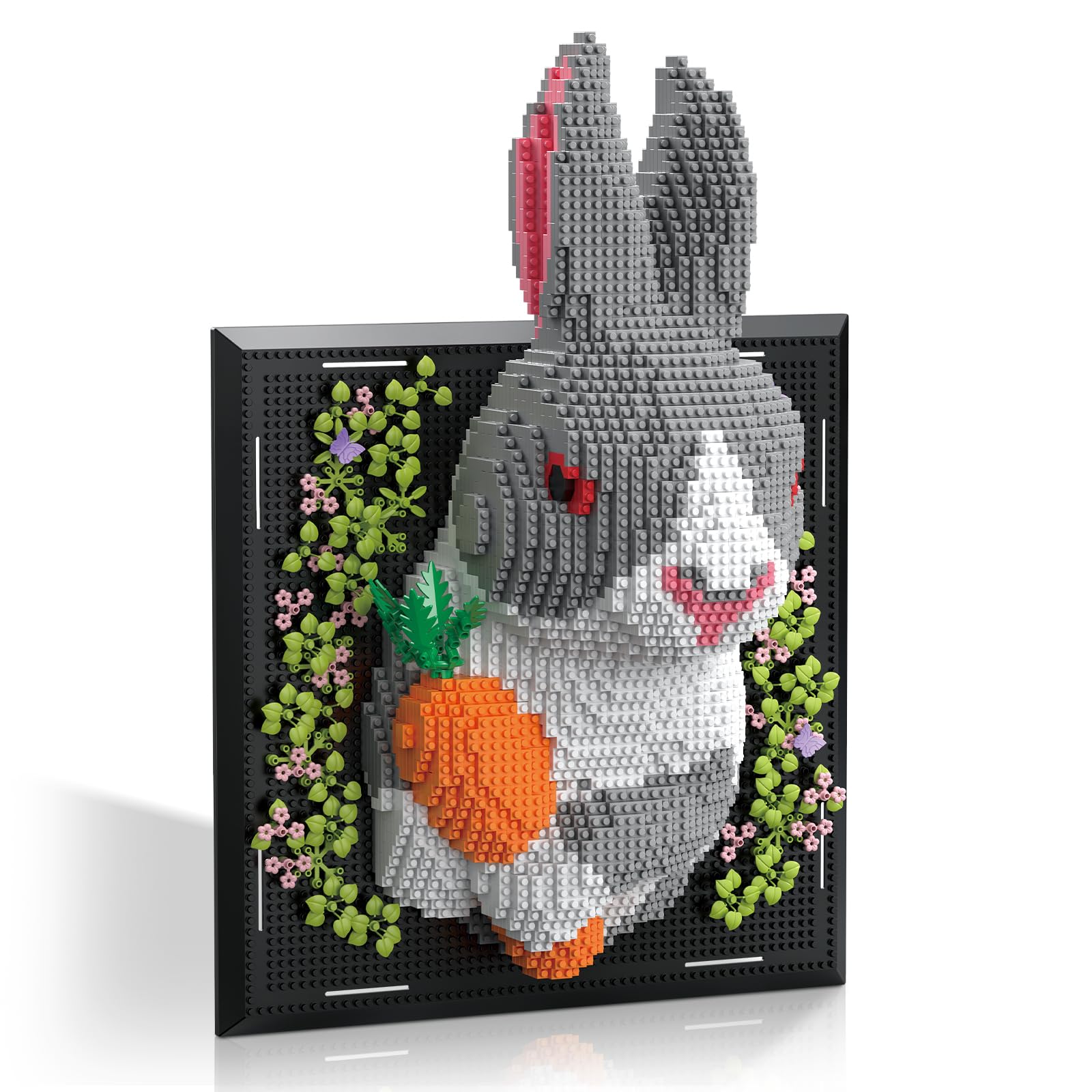 Rabbit Wall Art Mini Micro Building Set, 3D Mosaic Painting with Carrot & Flowers Desktop/Wall Decor Model, Creative Animal Bricks Kit for Adults, Unique Home Office Decor Gift for Rabbit Lovers Teen
