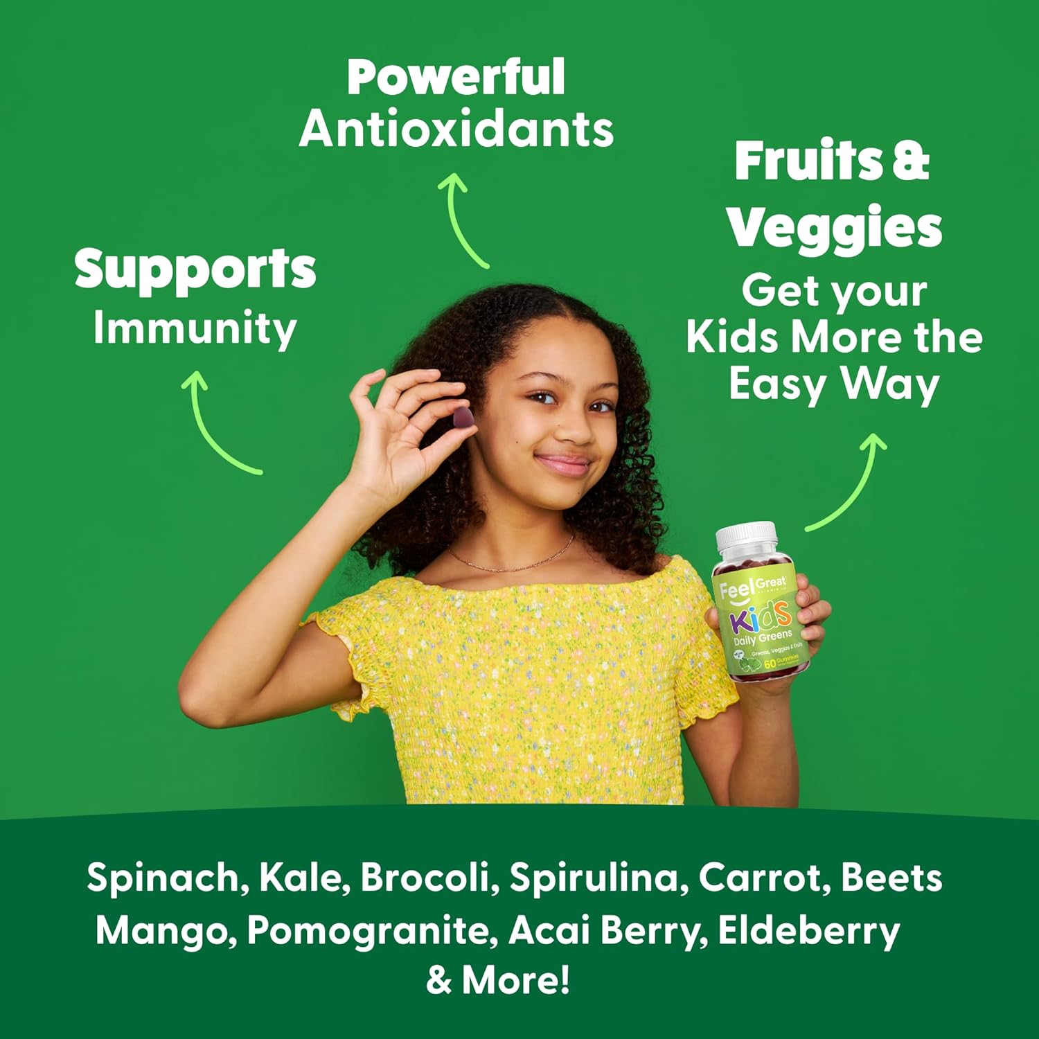 Feel Great Super Green Gummies for Kids | Fruit and Vegetable Gummies | Vegan Veggie Gummy Multivitamin for Kids | Veggie Fiber Supplement | 60 Count - Image 3